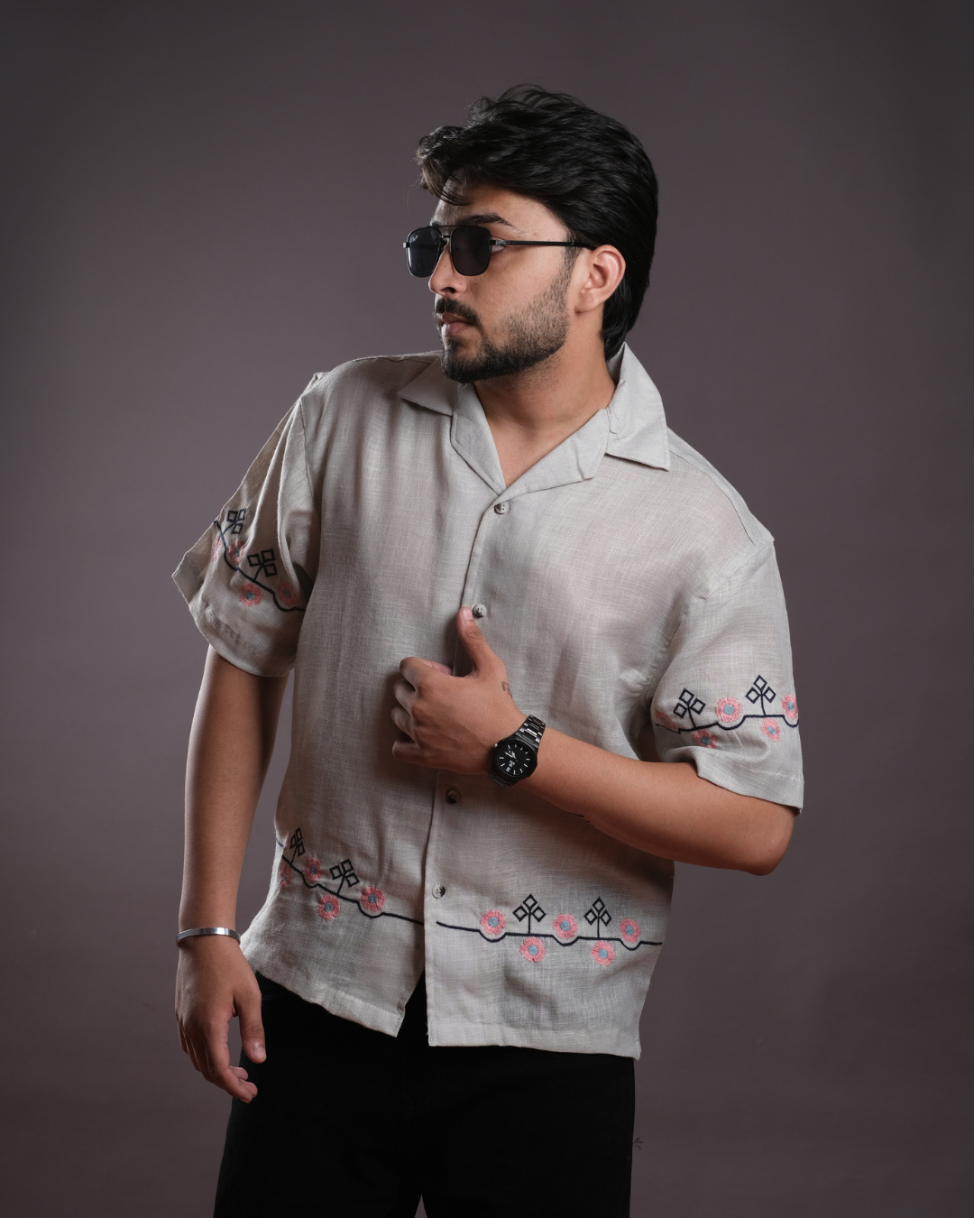 Men’s Linen Cuban Collar Shirt with Hand Embroidery