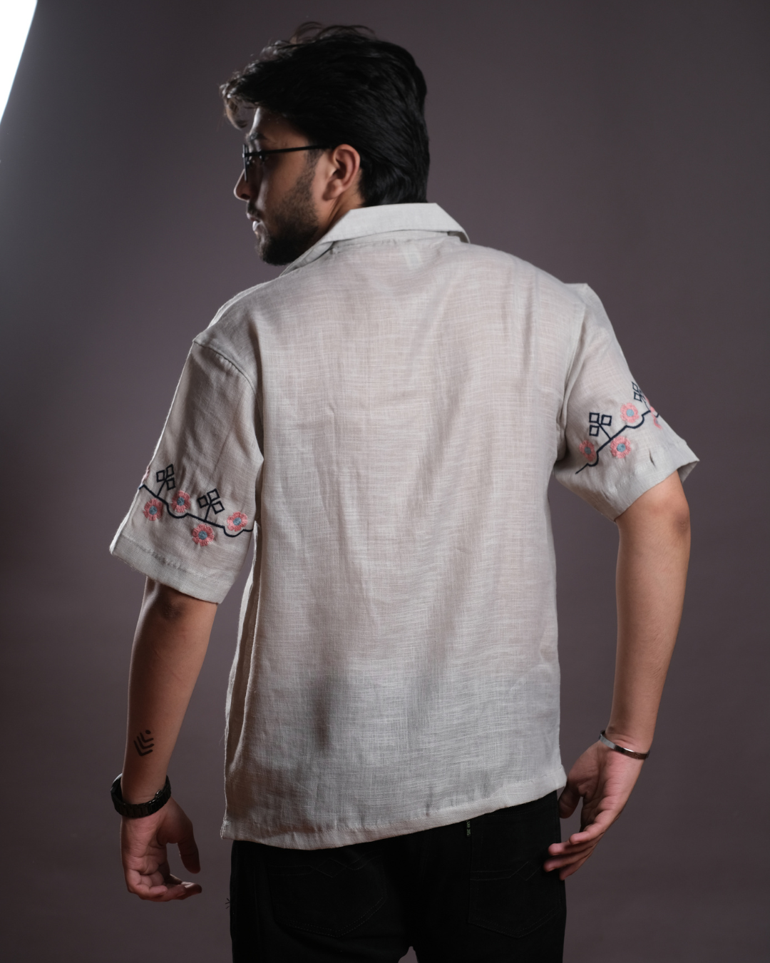 Men’s Linen Cuban Collar Shirt with Hand Embroidery