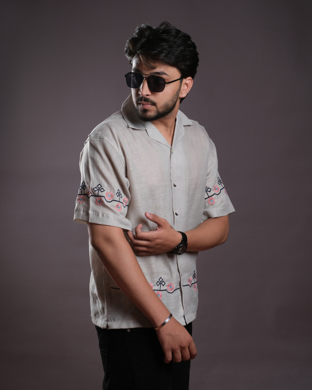 Men’s Linen Cuban Collar Shirt with Hand Embroidery