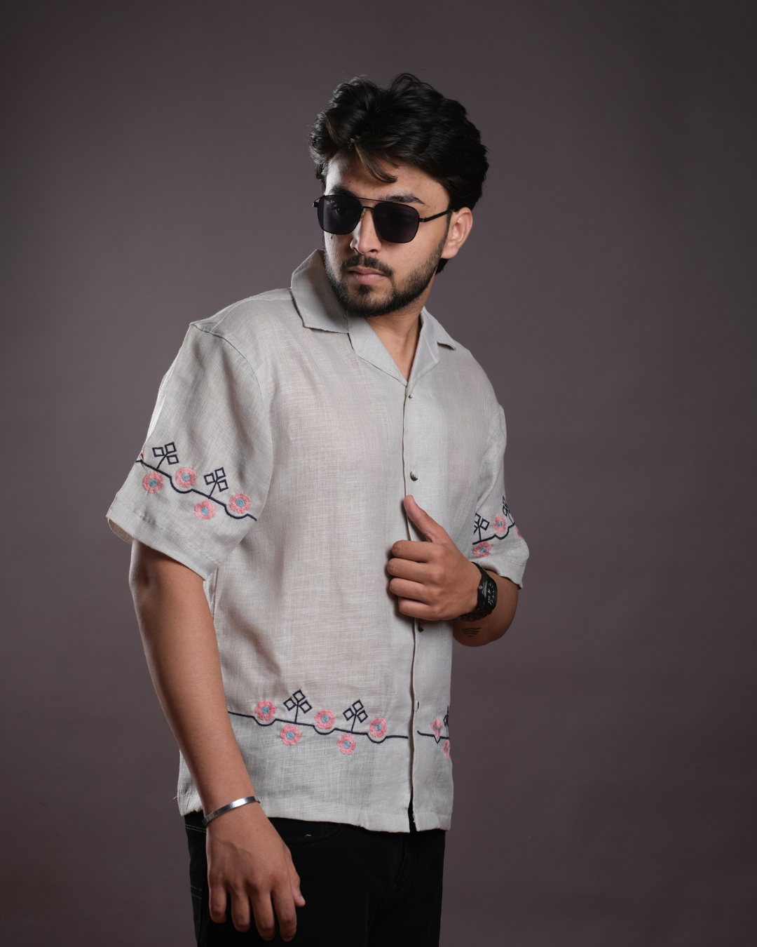 Men’s Linen Cuban Collar Shirt with Hand Embroidery