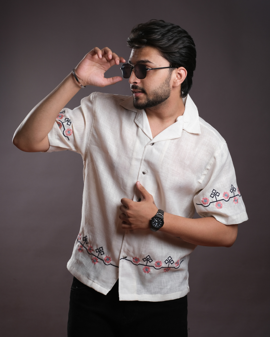 Men’s Linen Cuban Collar Shirt with Hand Embroidery