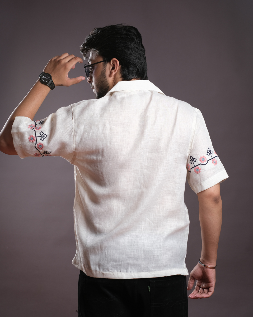 Men’s Linen Cuban Collar Shirt with Hand Embroidery