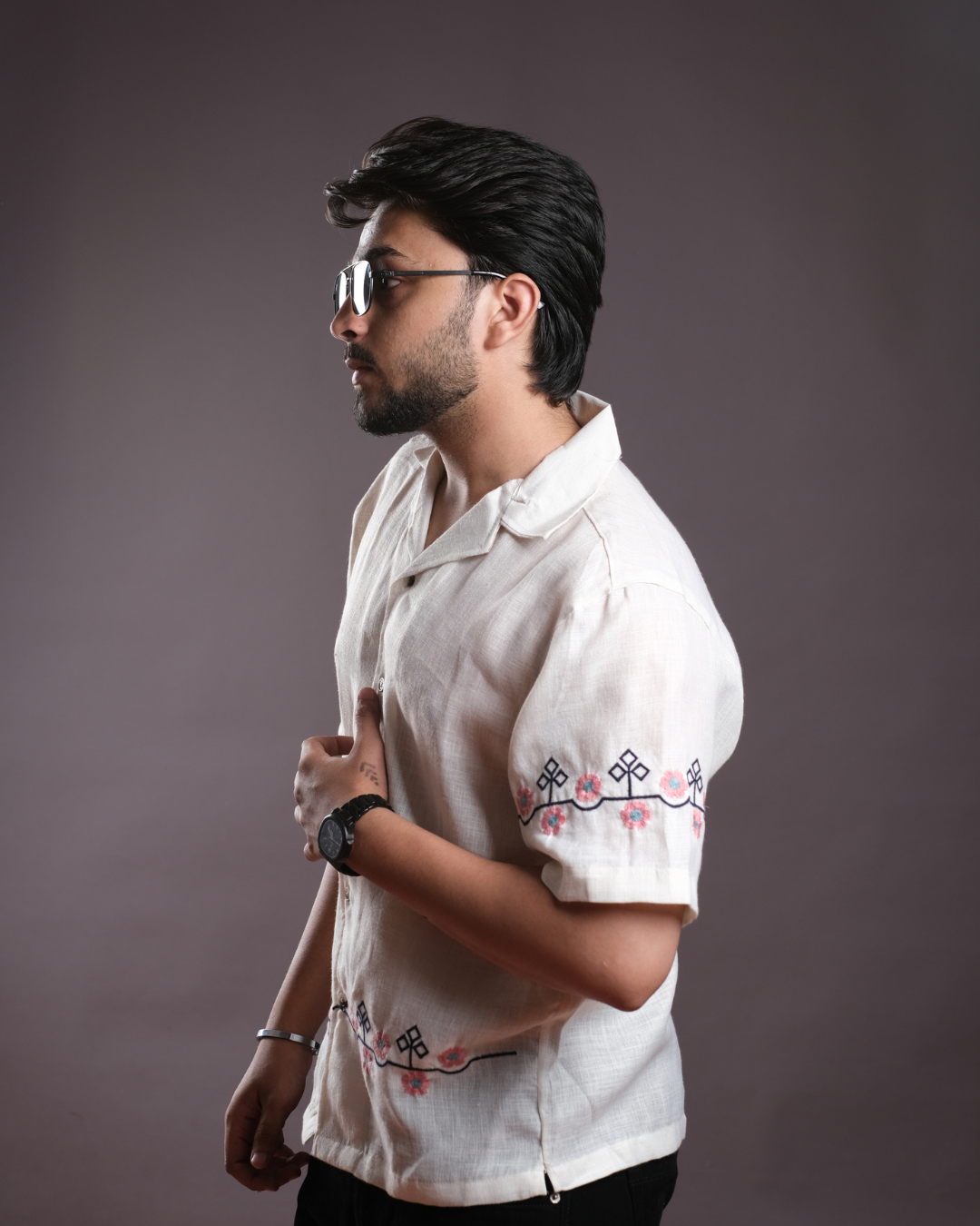 Men’s Linen Cuban Collar Shirt with Hand Embroidery
