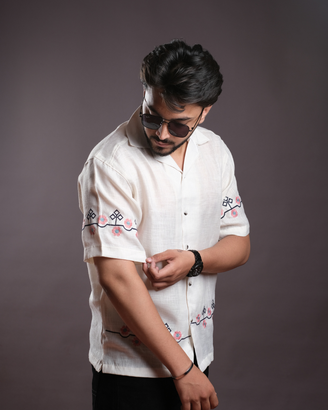 Men’s Linen Cuban Collar Shirt with Hand Embroidery