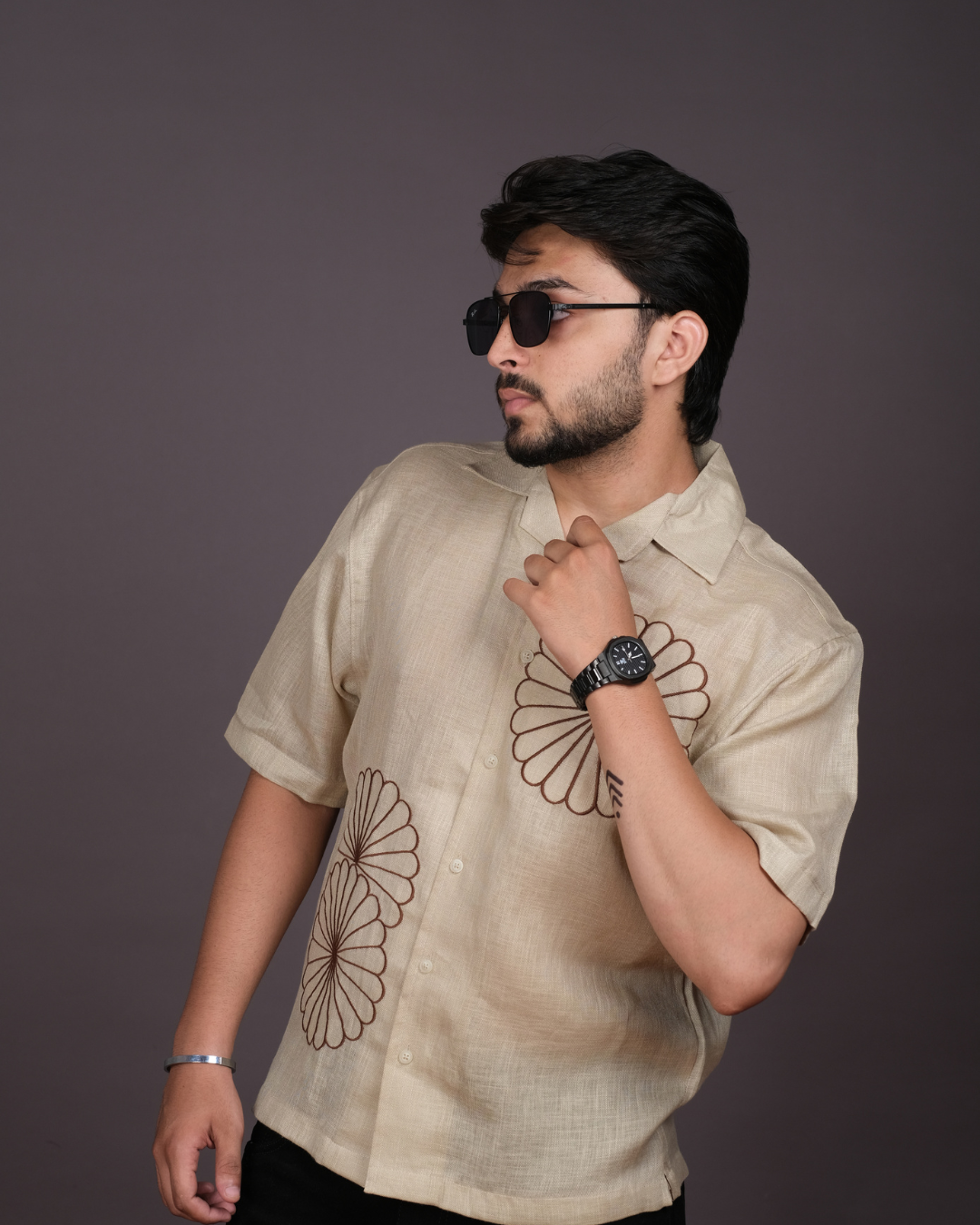 Men’s Linen Cuban Collar Shirt with Hand Embroidery