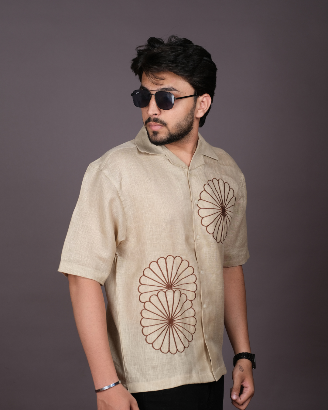 Men’s Linen Cuban Collar Shirt with Hand Embroidery