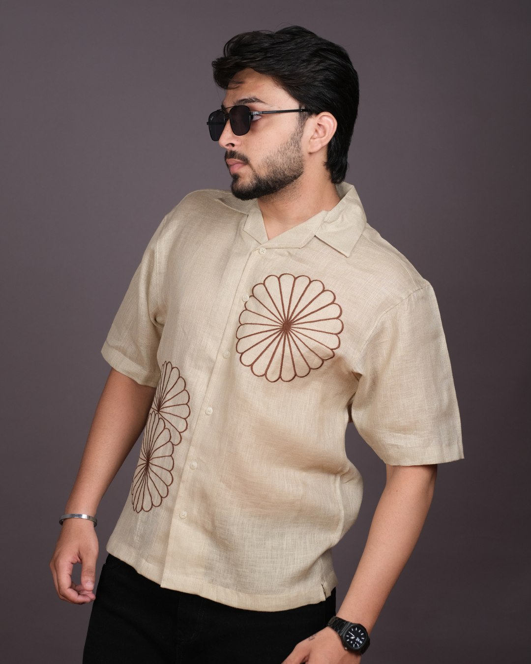 Men’s Linen Cuban Collar Shirt with Hand Embroidery