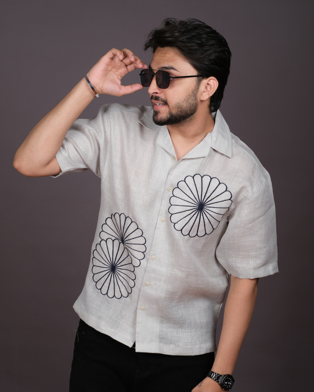 Men’s Linen Cuban Collar Shirt with Bold Floral