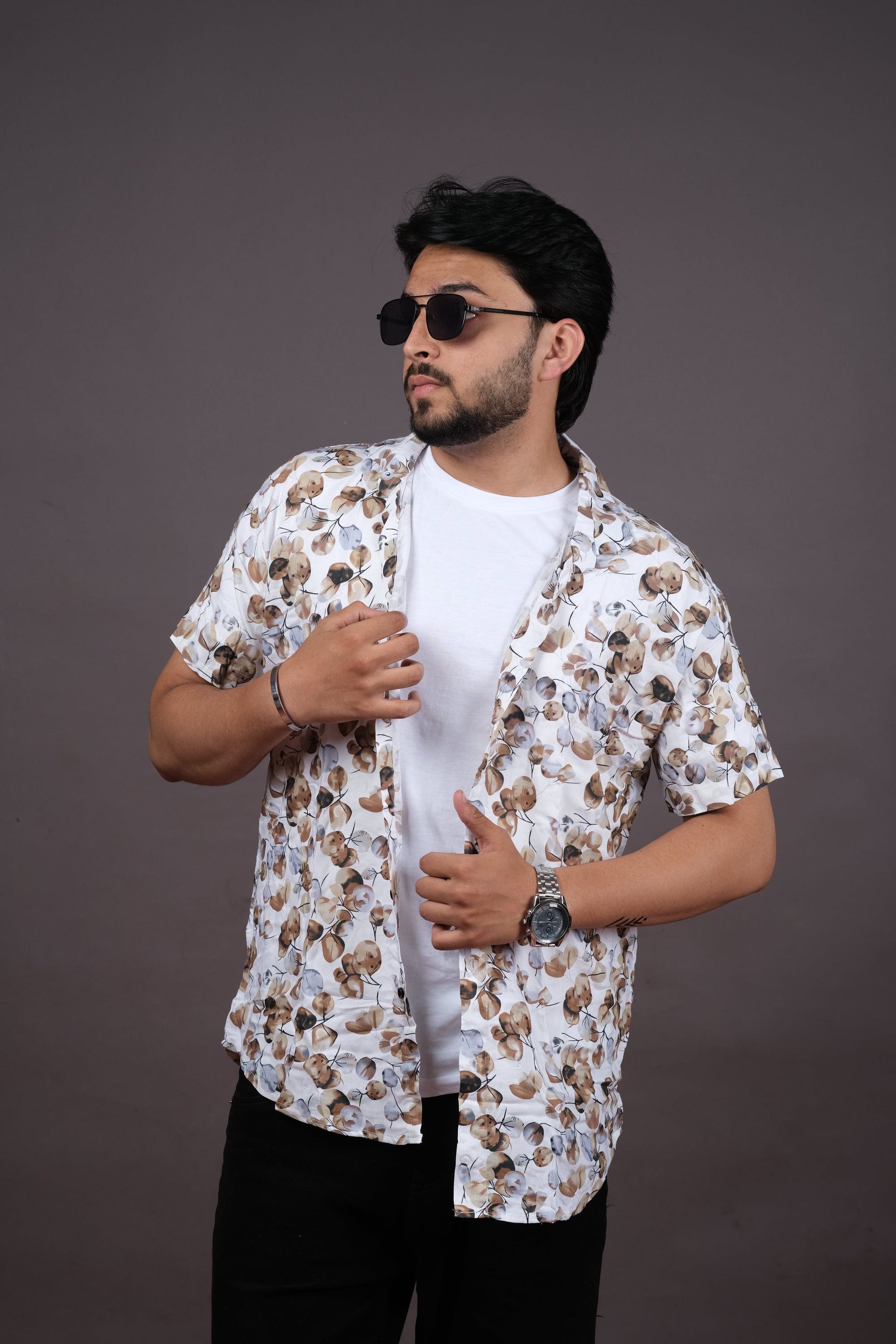 White & Brown Floral Casual Shirt for Men