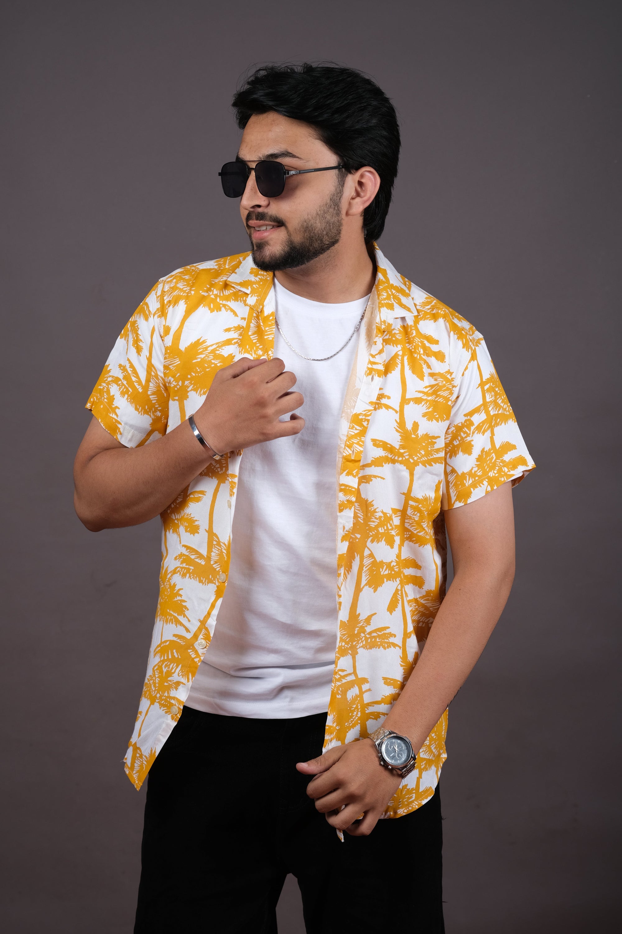 Men's Yellow Palm Print Summer Hawaiian Shirt