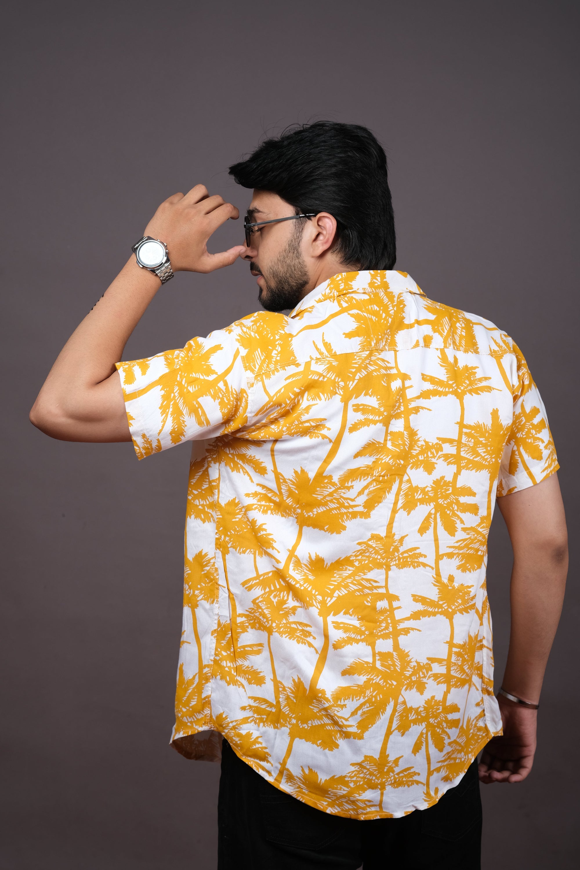 Men's Yellow Palm Print Summer Hawaiian Shirt