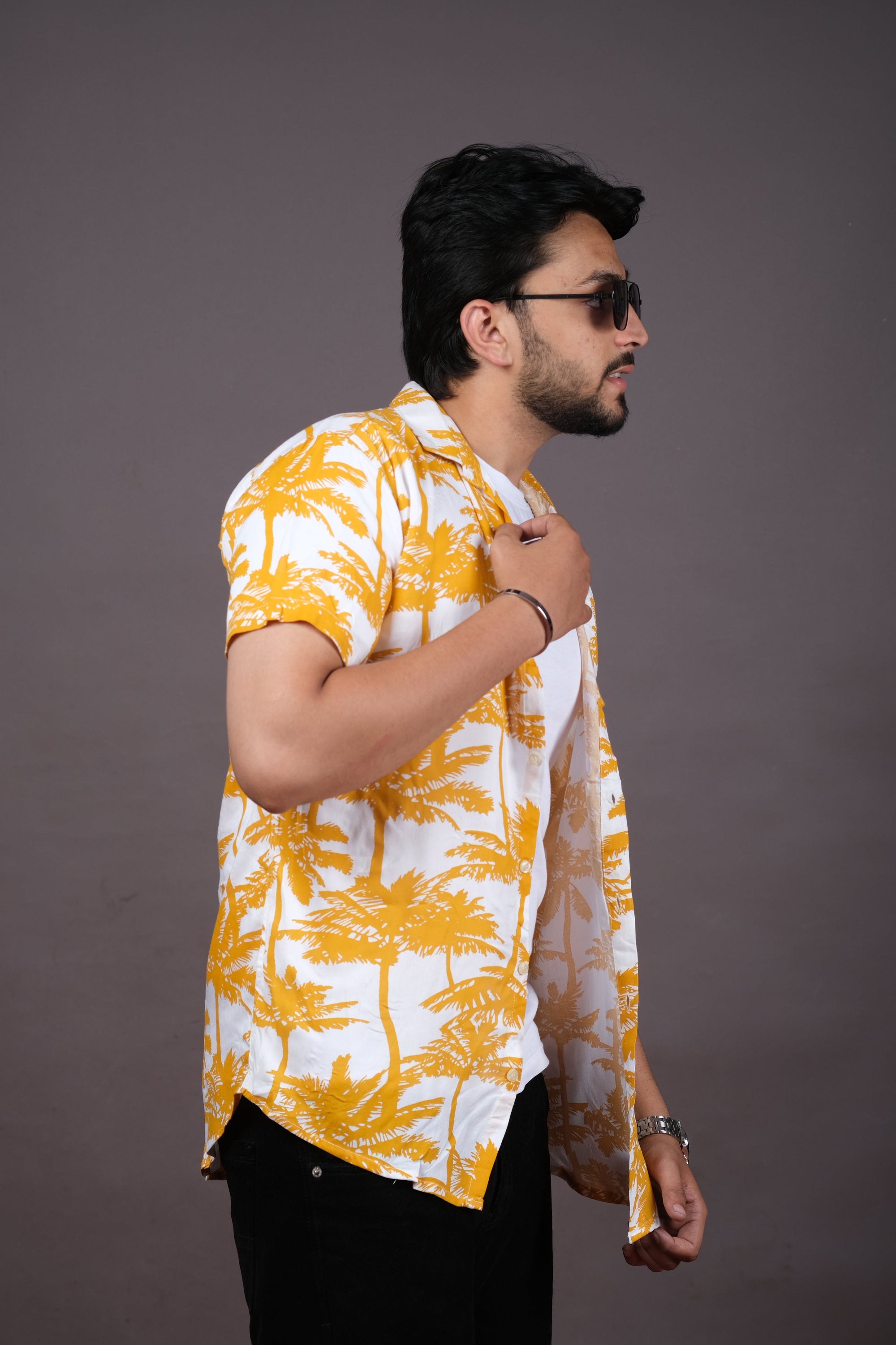 Men's Yellow Palm Print Summer Hawaiian Shirt