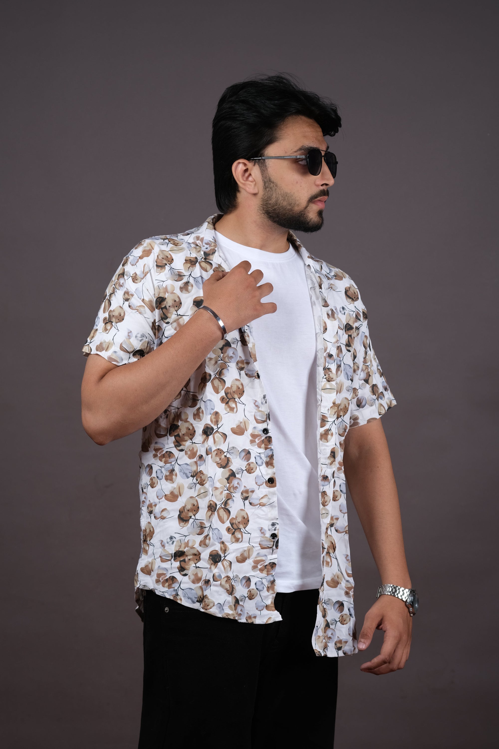 White & Brown Floral Casual Shirt for Men