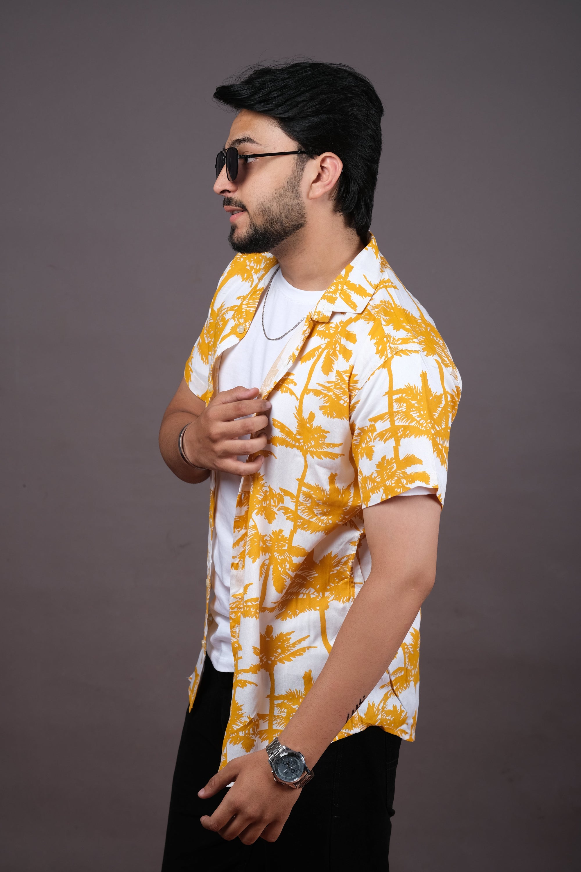 Men's Yellow Palm Print Summer Hawaiian Shirt