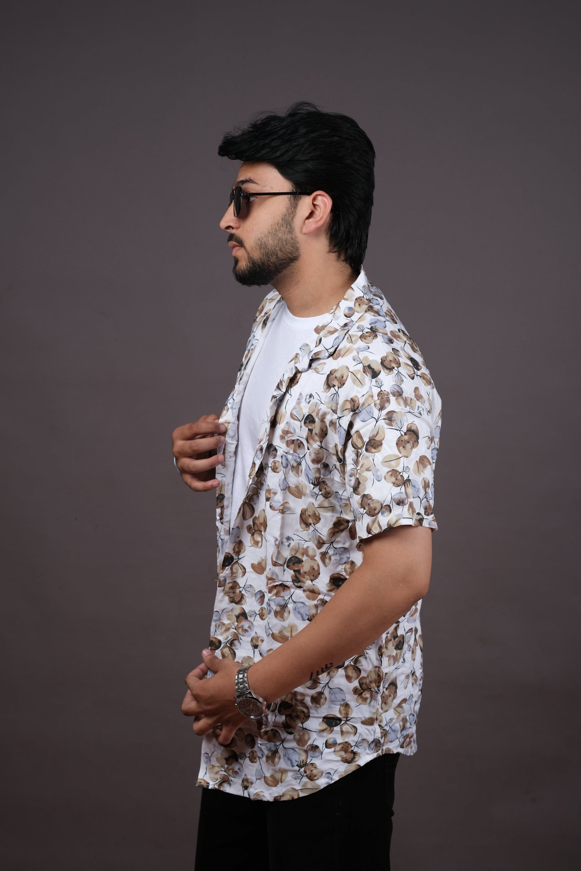White & Brown Floral Casual Shirt for Men