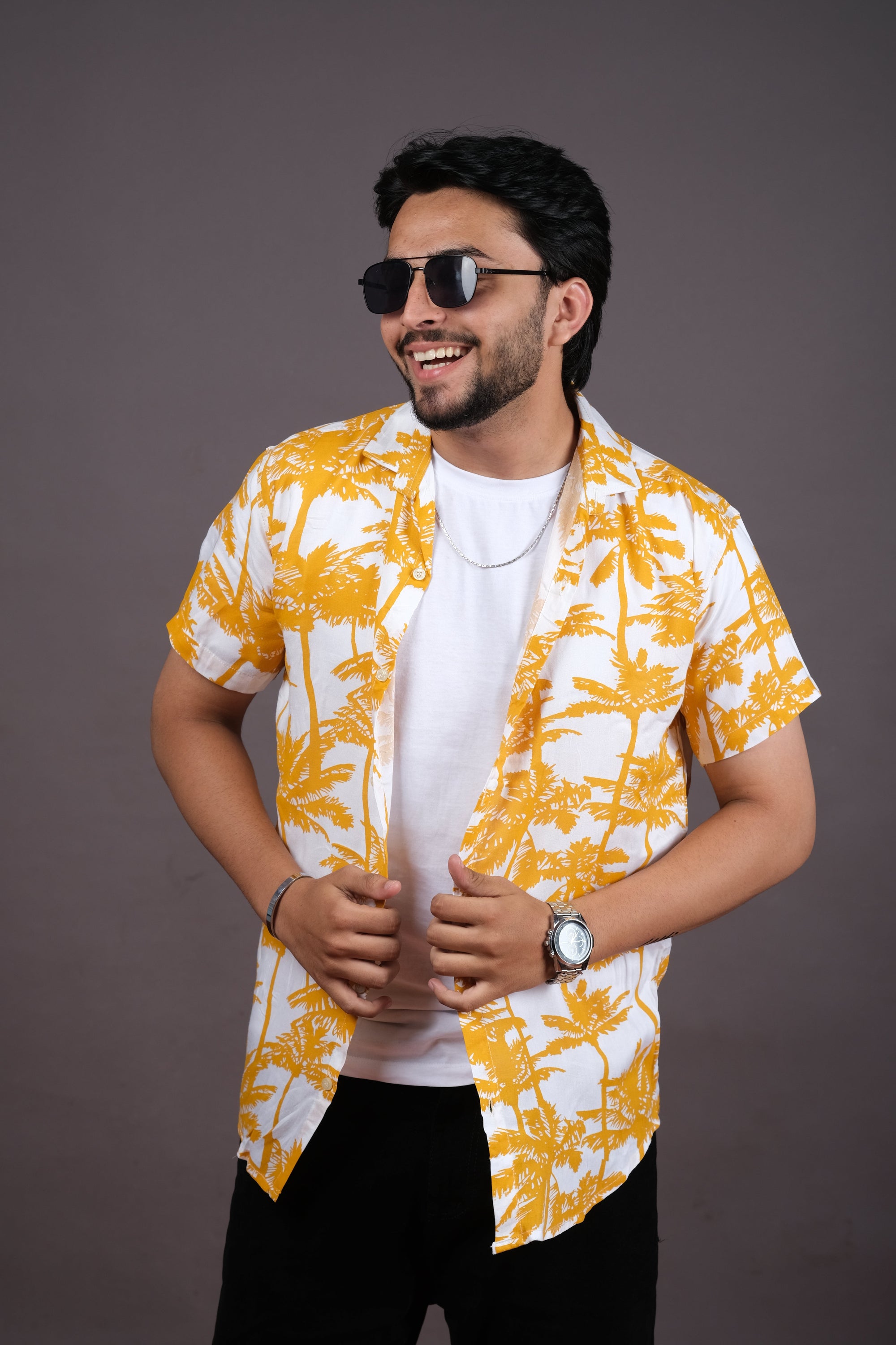 Men's Yellow Palm Print Summer Hawaiian Shirt