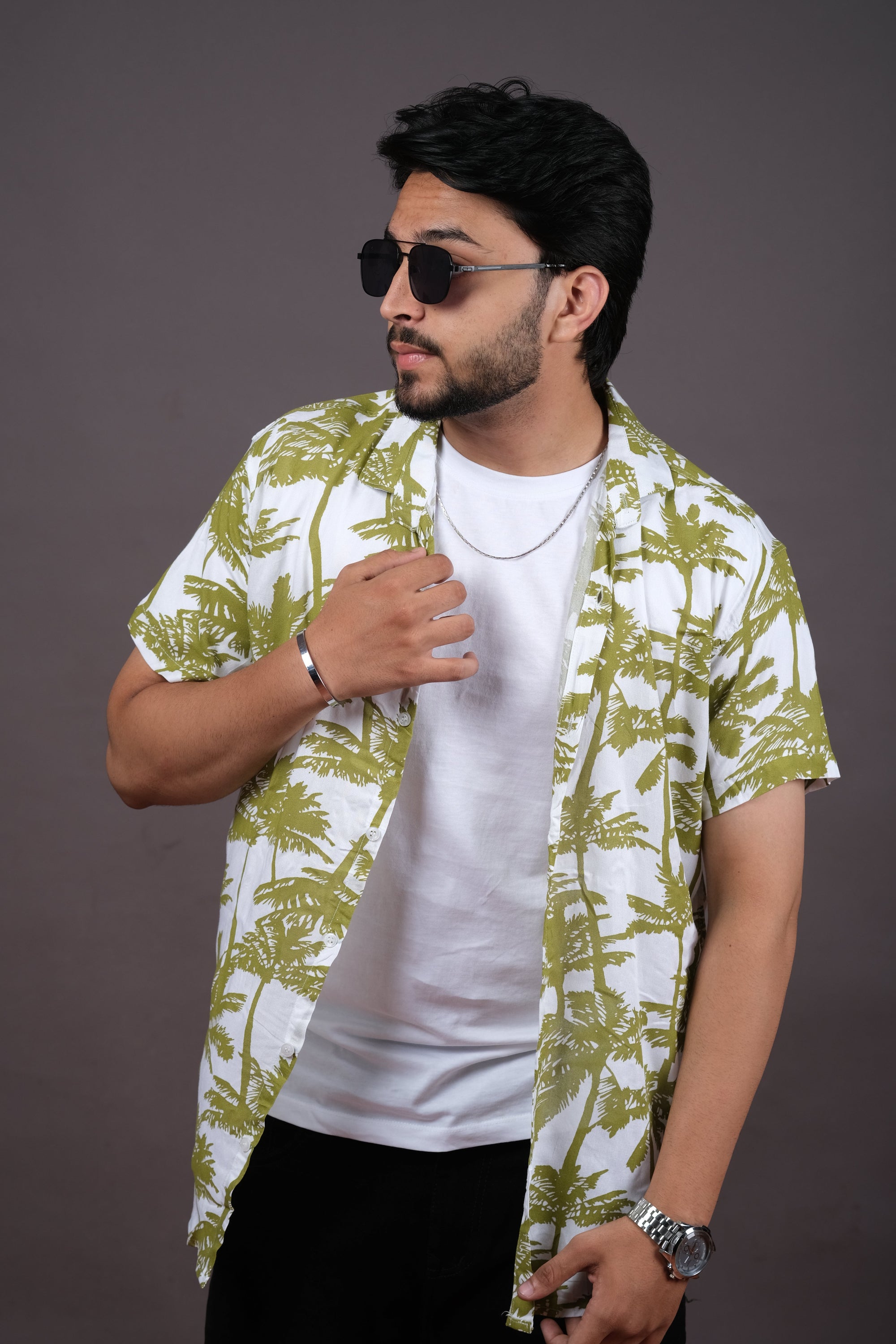 Men's Olive Green Palm Print Hawaiian Shirt