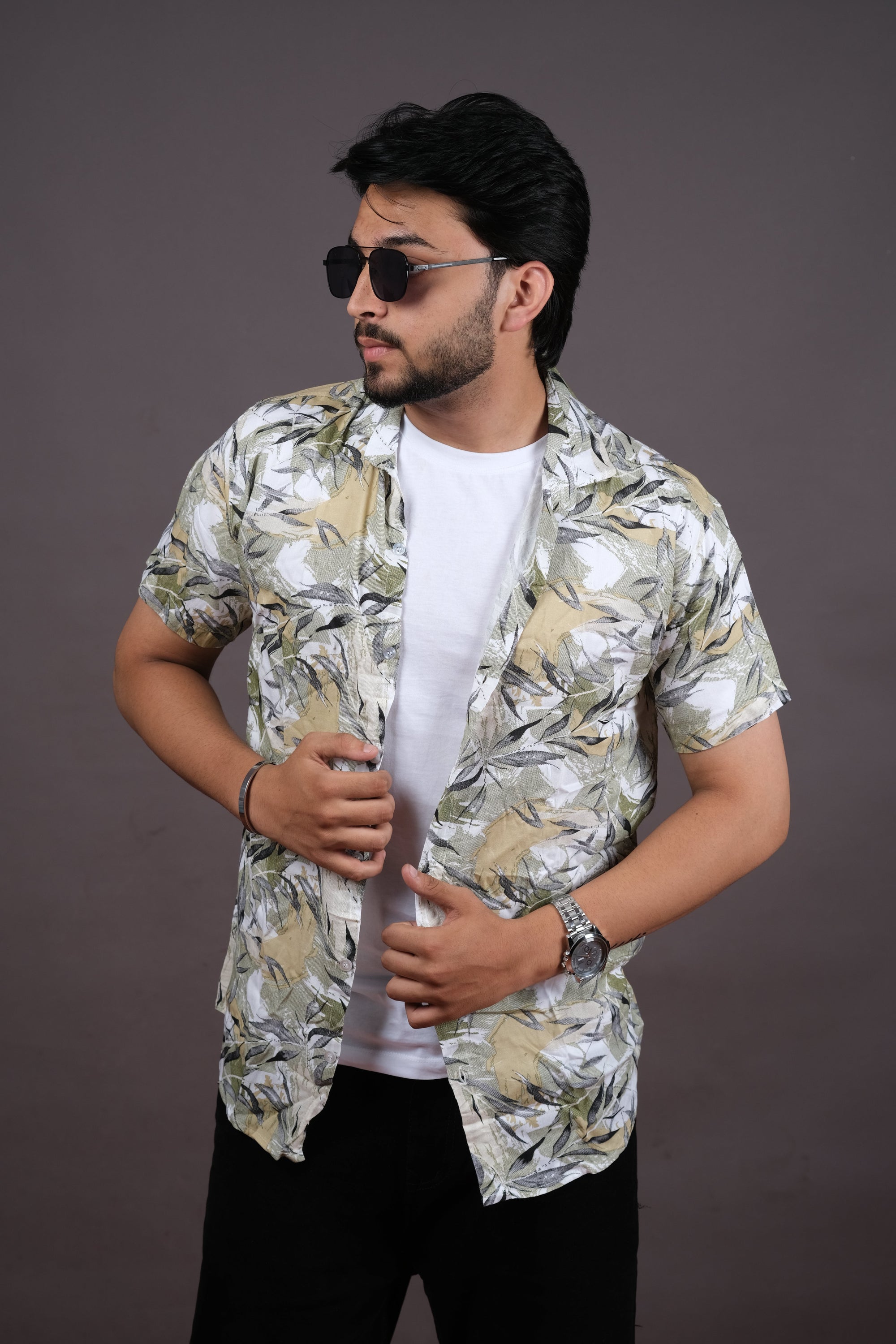 White & Olive Leaf Print Casual Shirt for Men