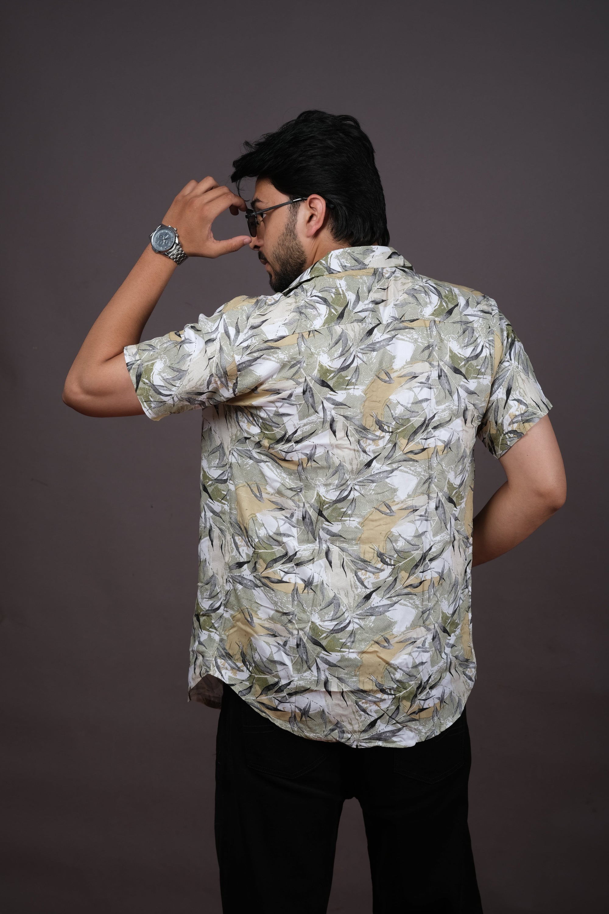 White & Olive Leaf Print Casual Shirt for Men