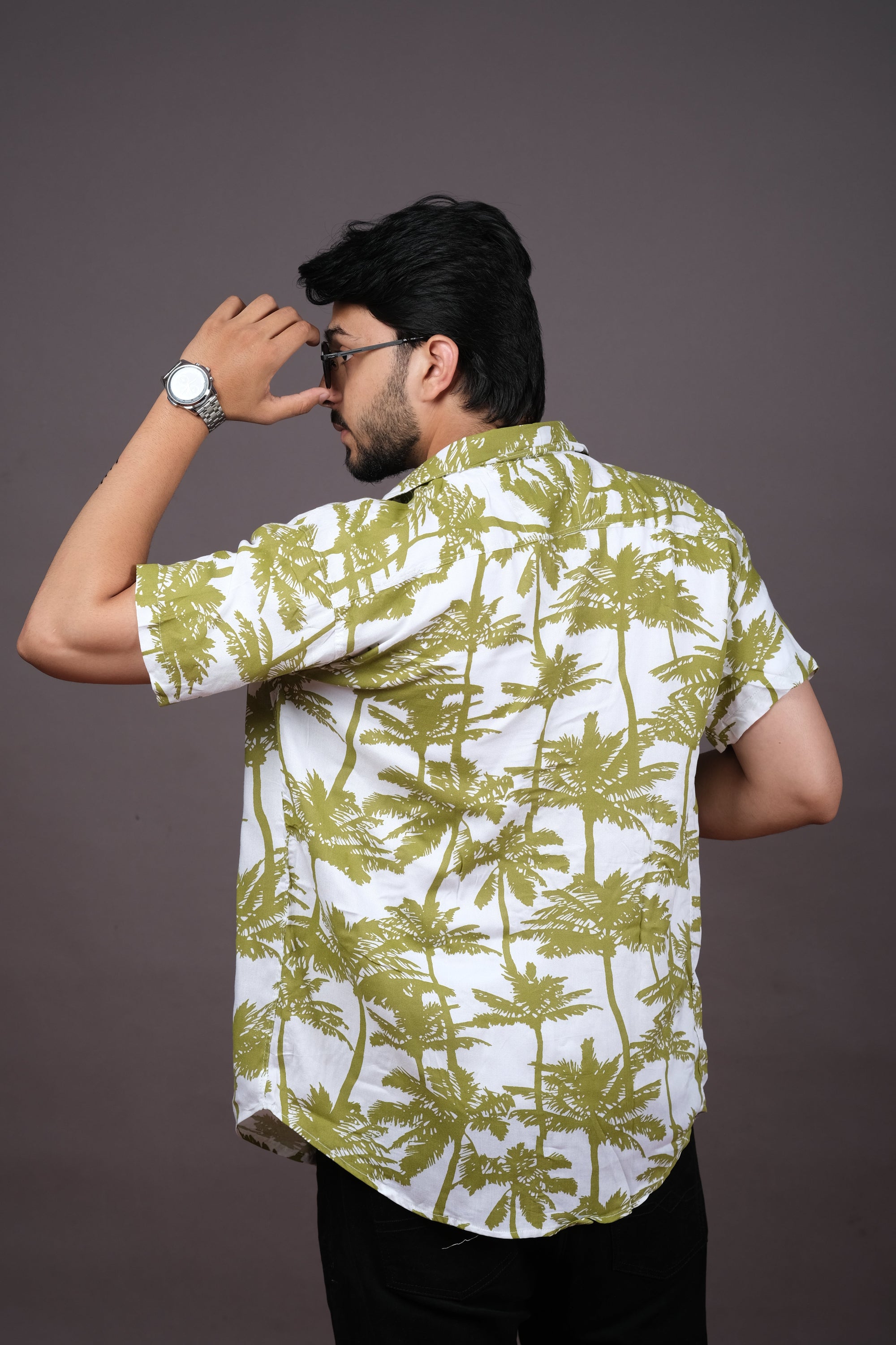 Men's Olive Green Palm Print Hawaiian Shirt