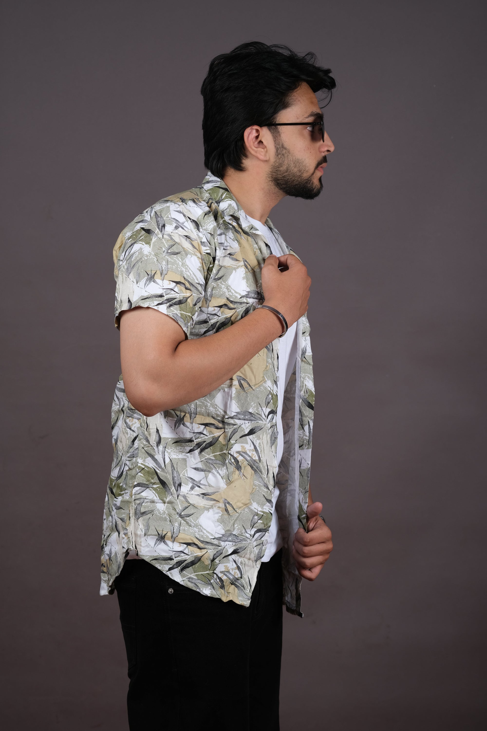 White & Olive Leaf Print Casual Shirt for Men