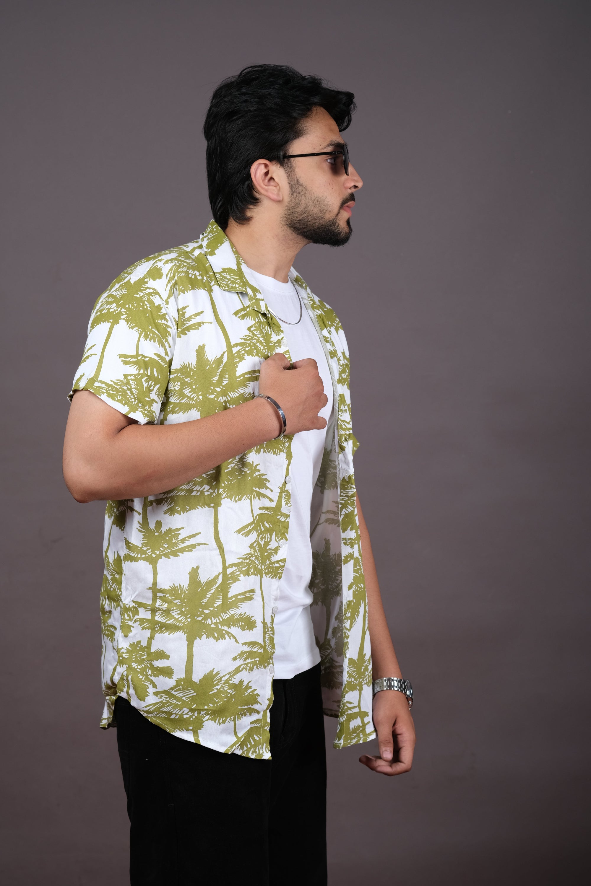 Men's Olive Green Palm Print Hawaiian Shirt