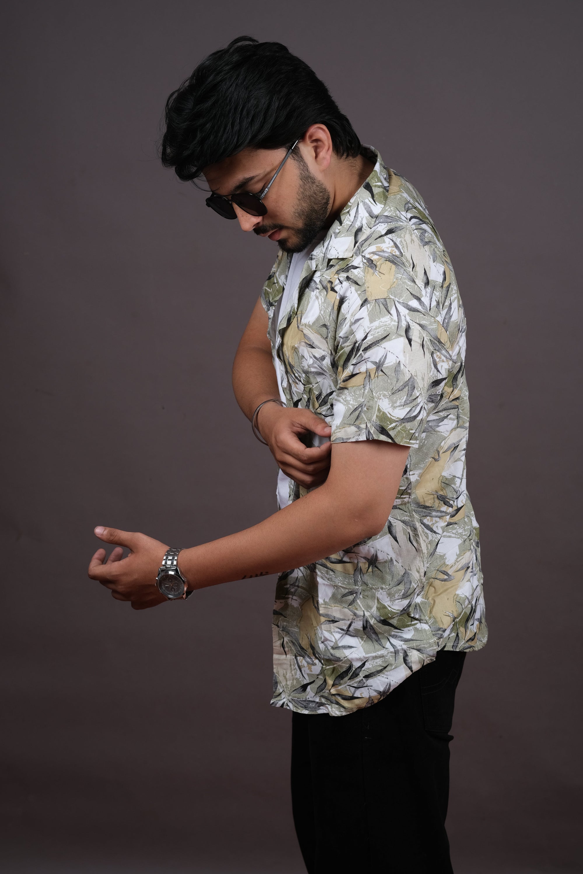 White & Olive Leaf Print Casual Shirt for Men