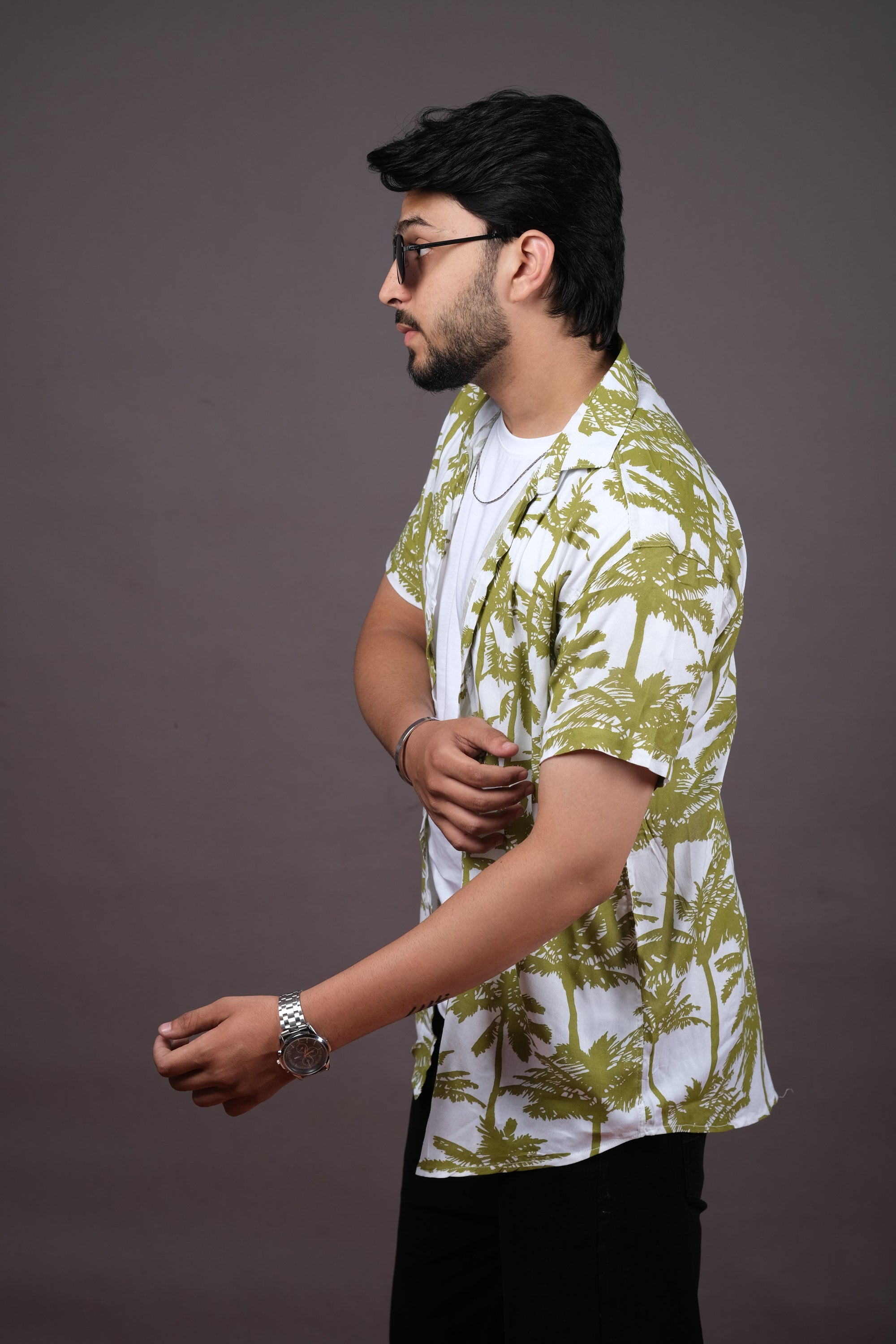 Men's Olive Green Palm Print Hawaiian Shirt