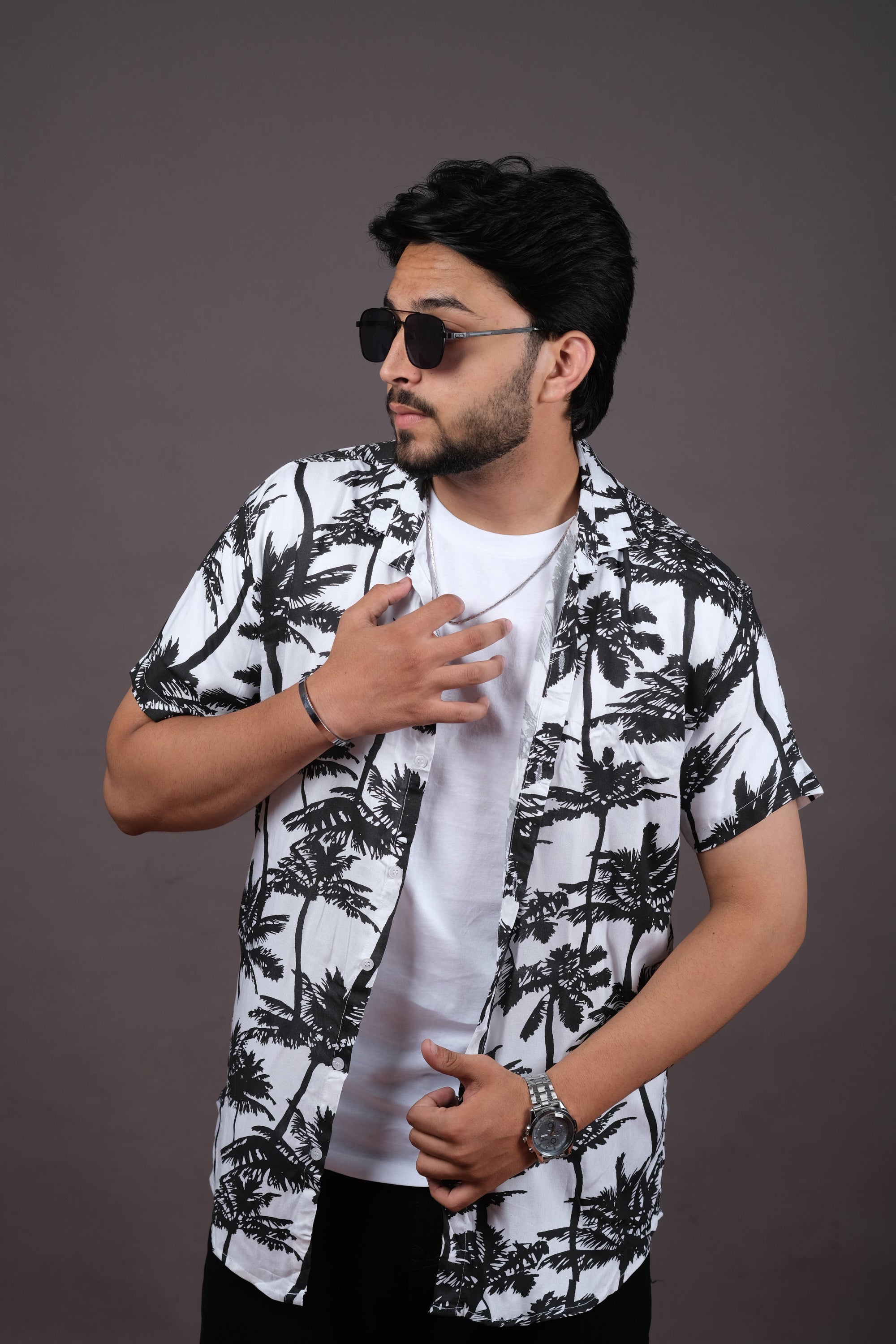 Men's Black & White Palm Print Hawaiian Shirt