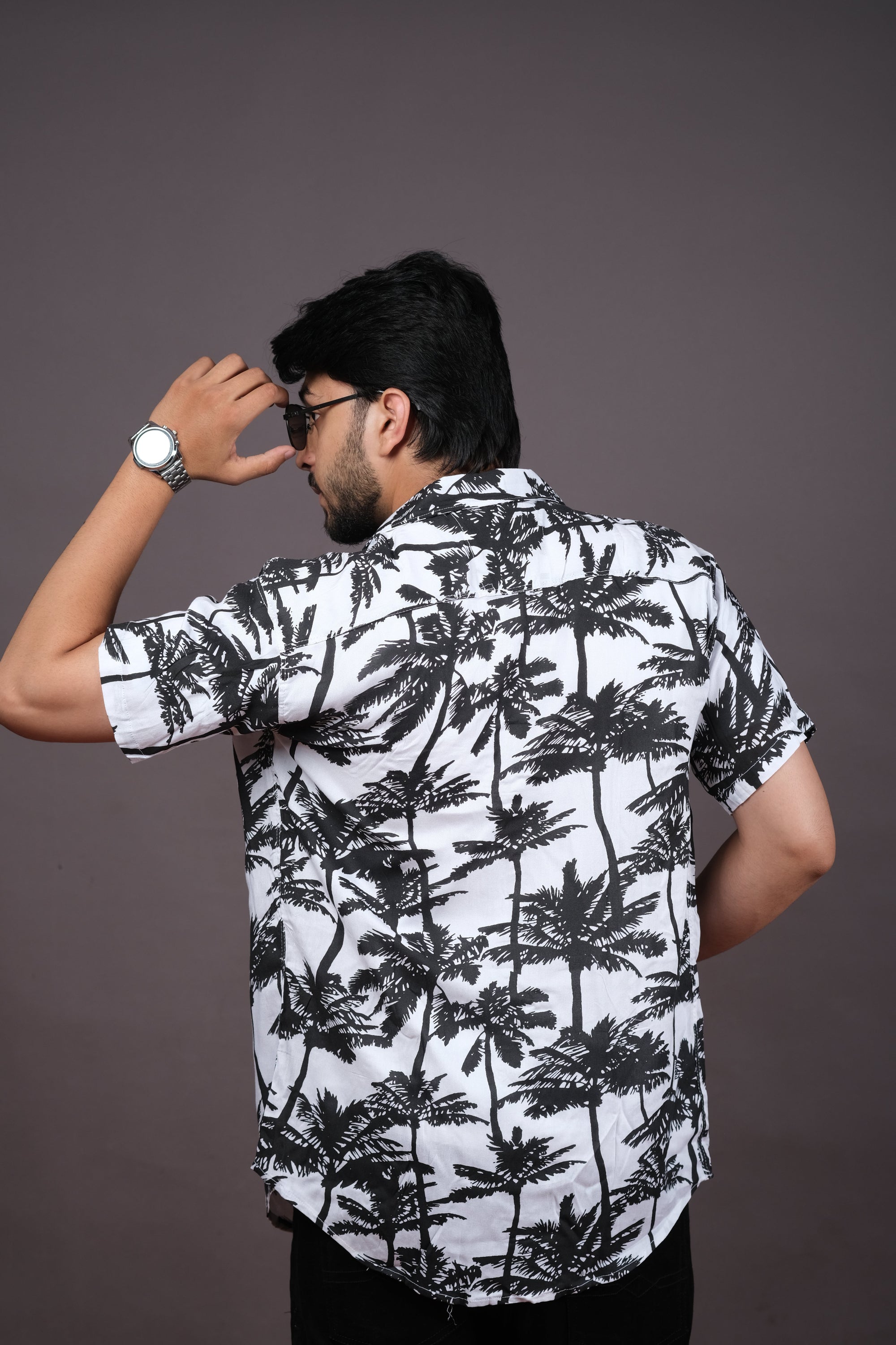 Men's Black & White Palm Print Hawaiian Shirt