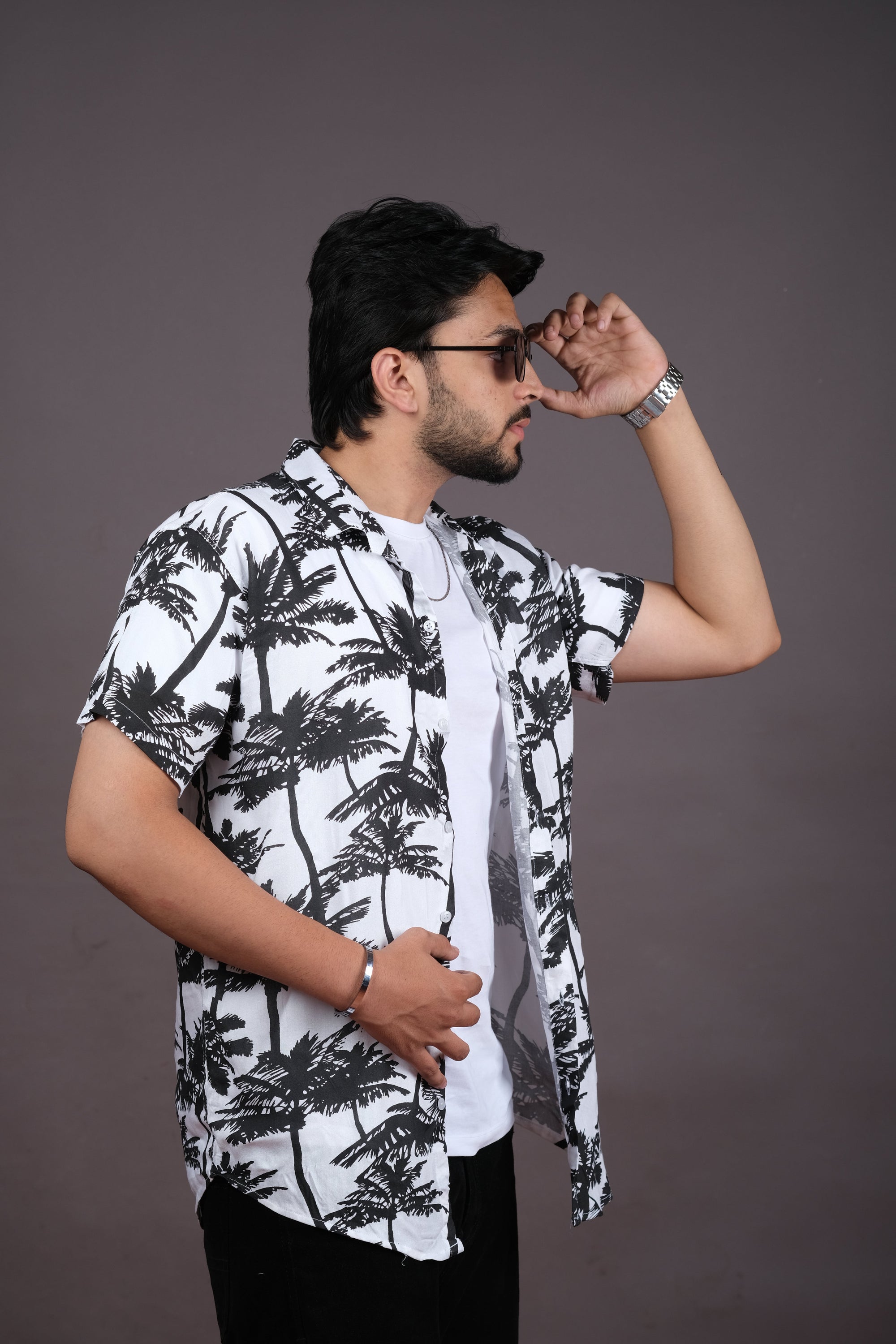 Men's Black & White Palm Print Hawaiian Shirt