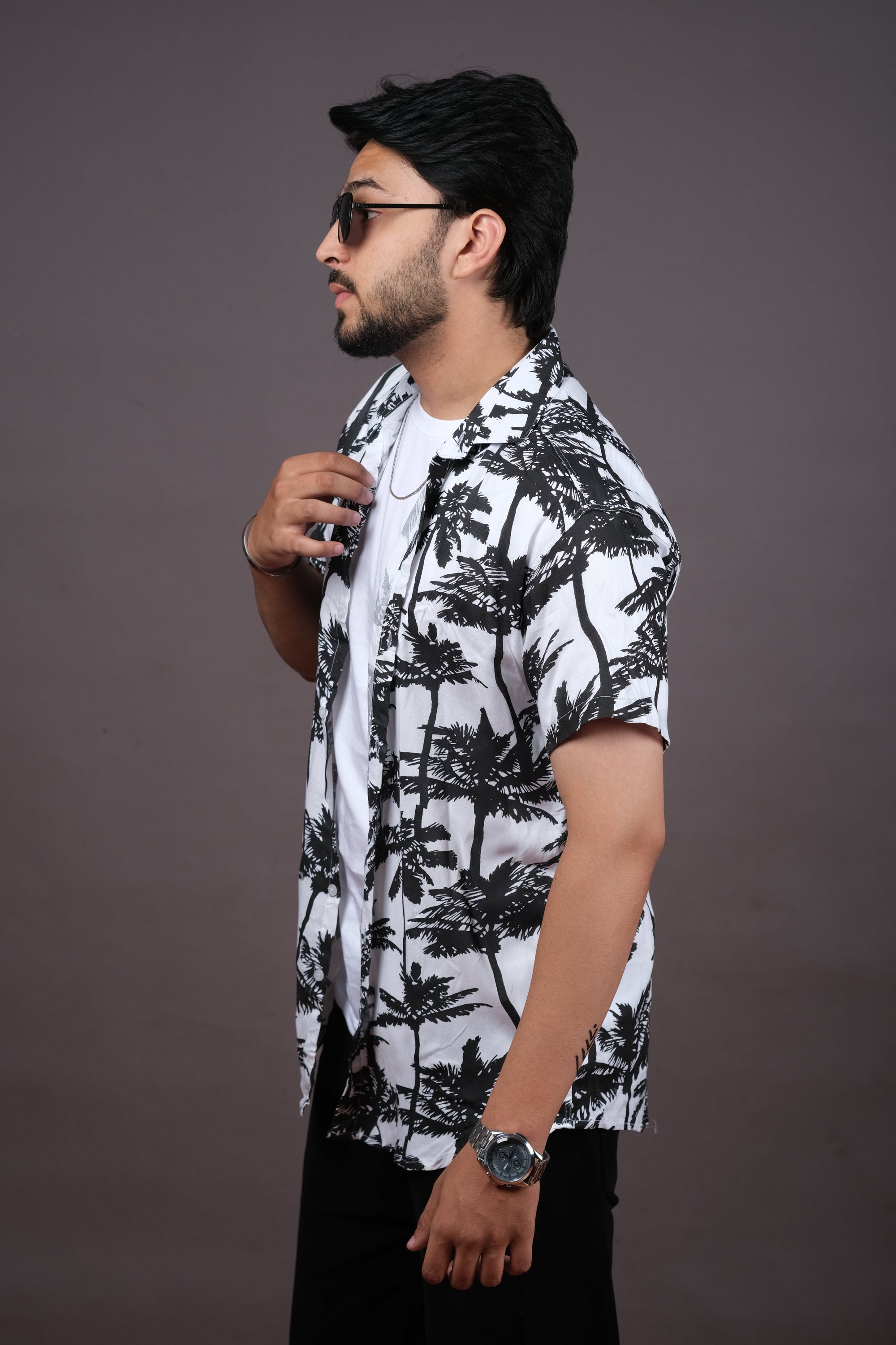 Men's Black & White Palm Print Hawaiian Shirt