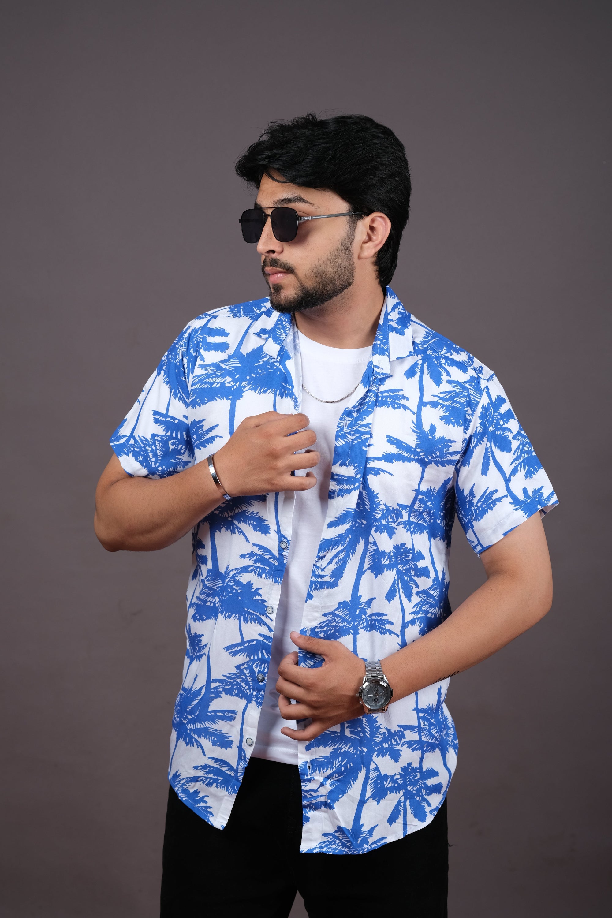 Men's Blue Palm Print Summer Hawaiian Shirt