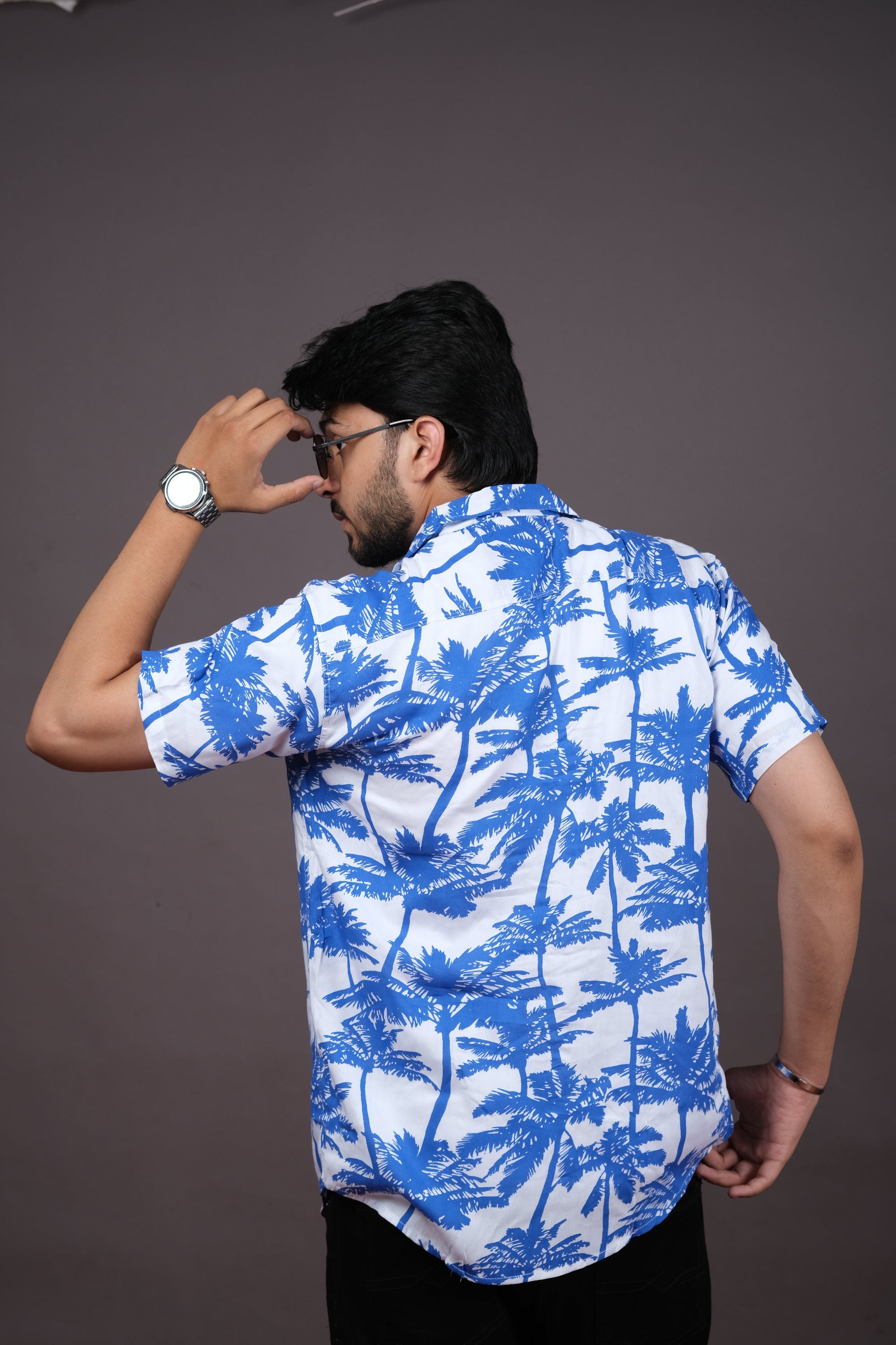 Men's Blue Palm Print Summer Hawaiian Shirt