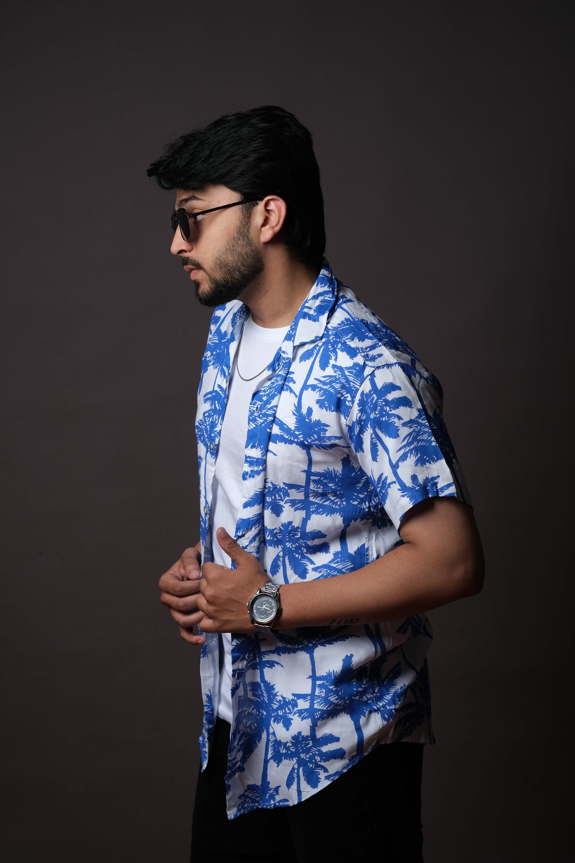 Men's Blue Palm Print Summer Hawaiian Shirt