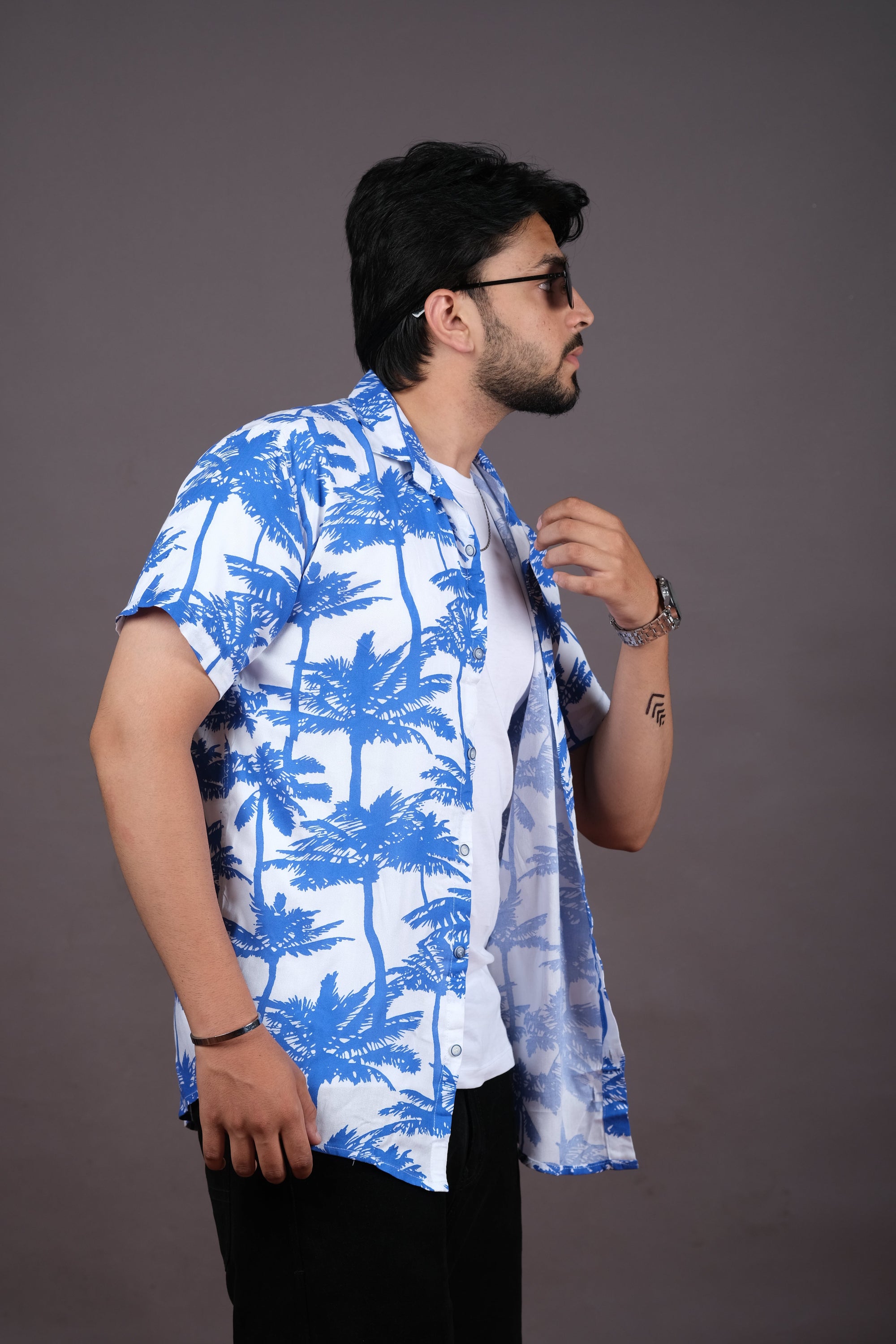 Men's Blue Palm Print Summer Hawaiian Shirt
