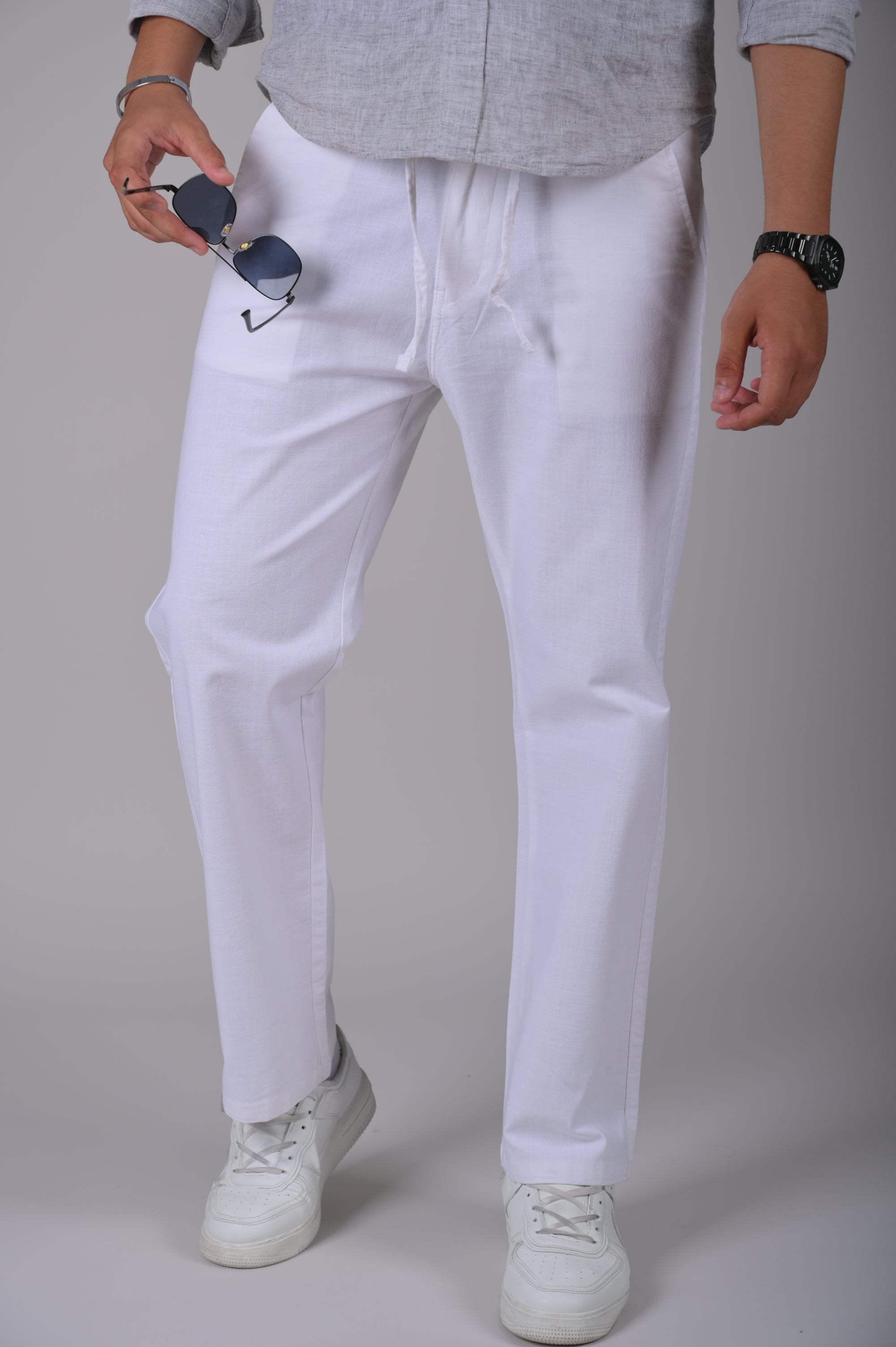 White Drawstring Relaxed Fit Pants