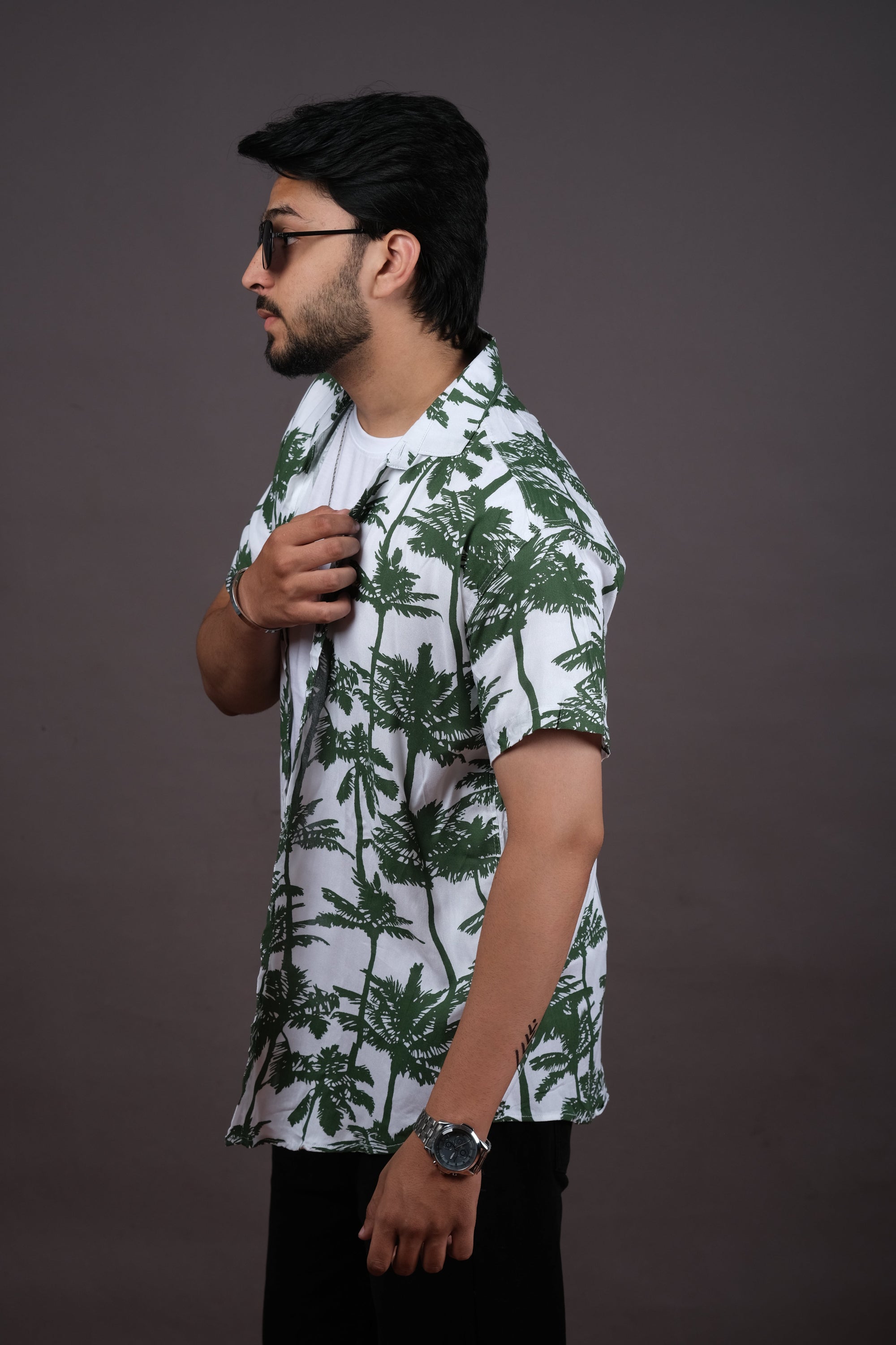 Men's Green Palm Tree Print Summer Shirt