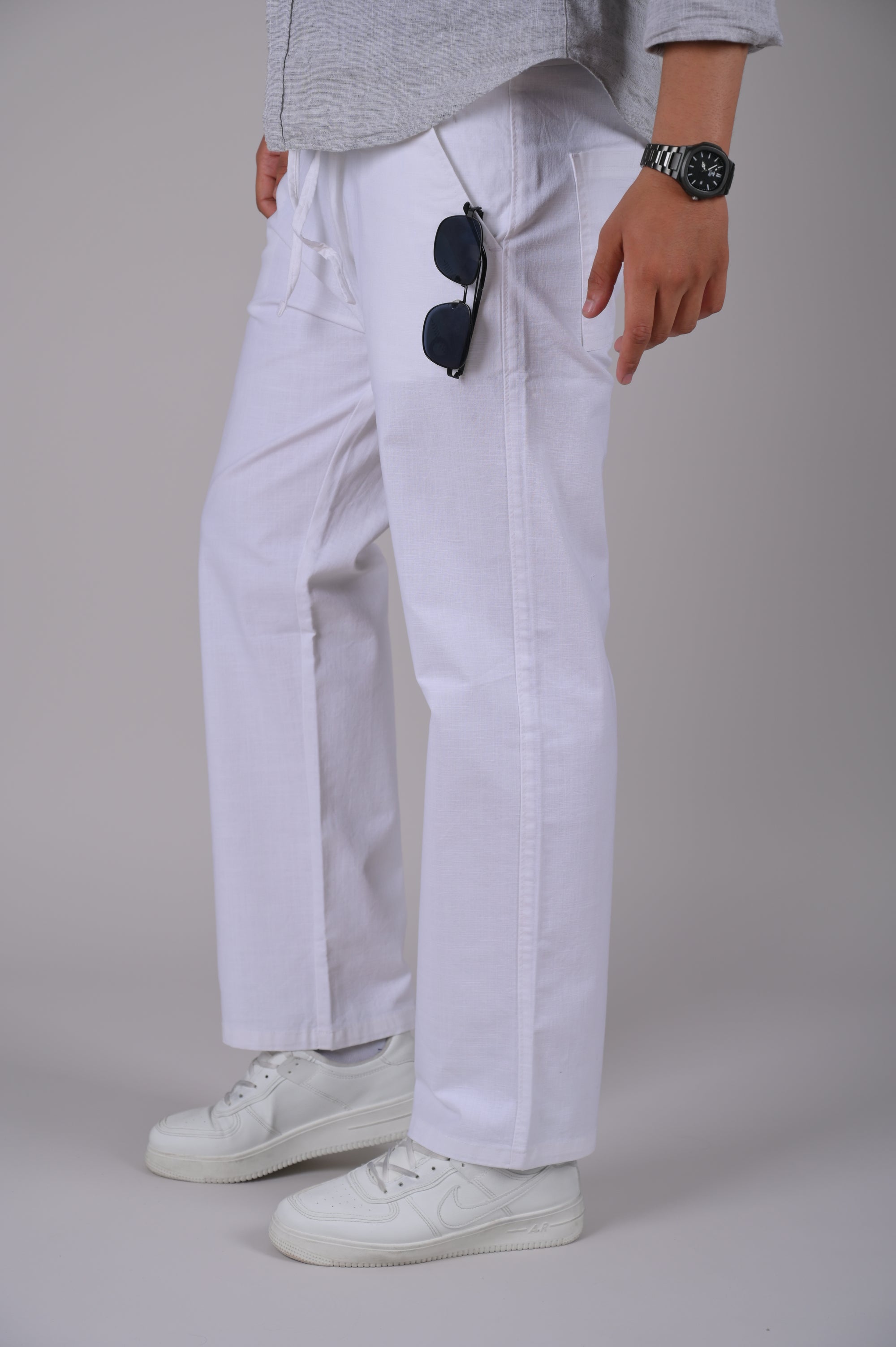 White Drawstring Relaxed Fit Pants