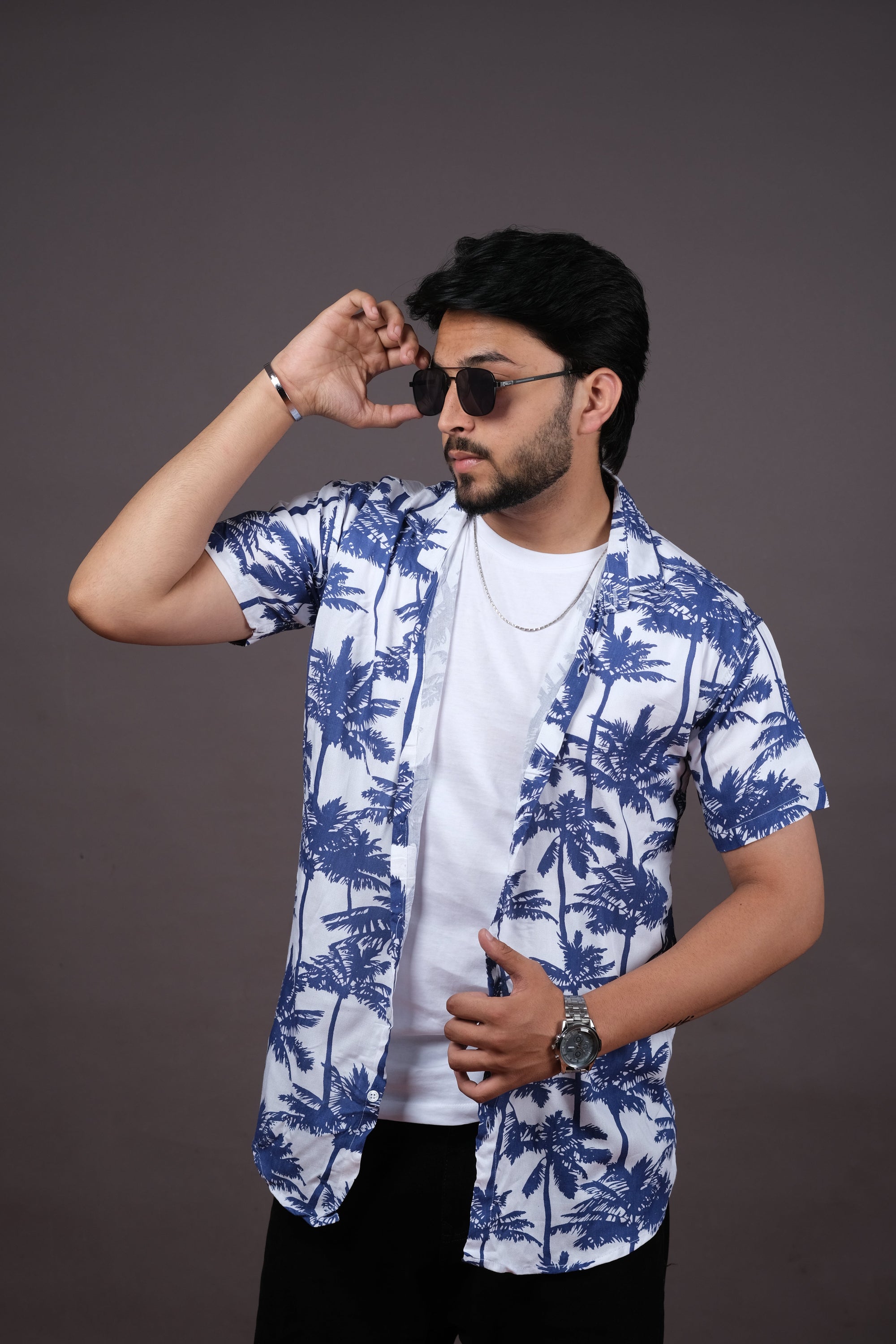 Men's White & Blue Tropical Palm Print Shirt