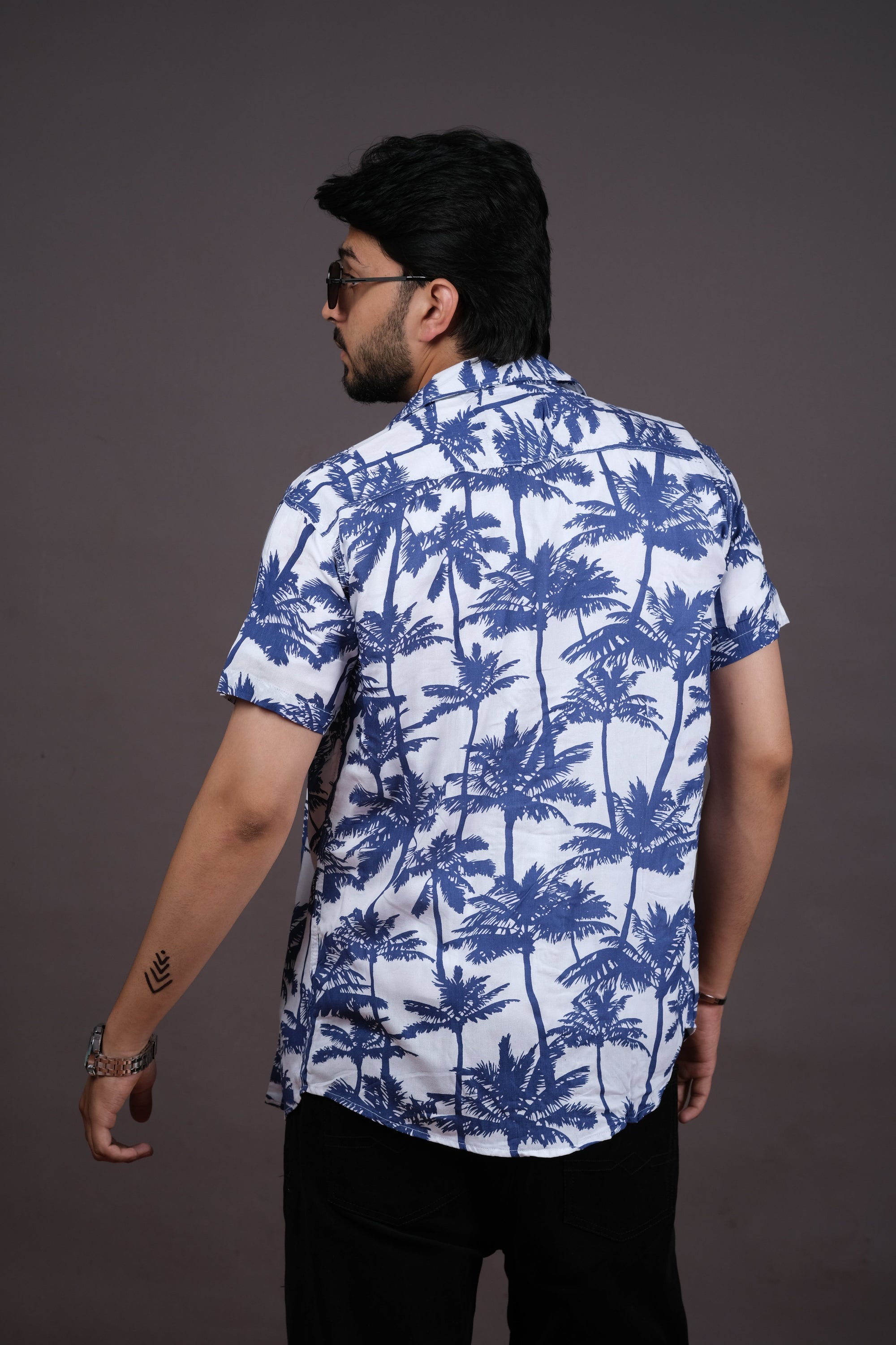 Men's White & Blue Tropical Palm Print Shirt