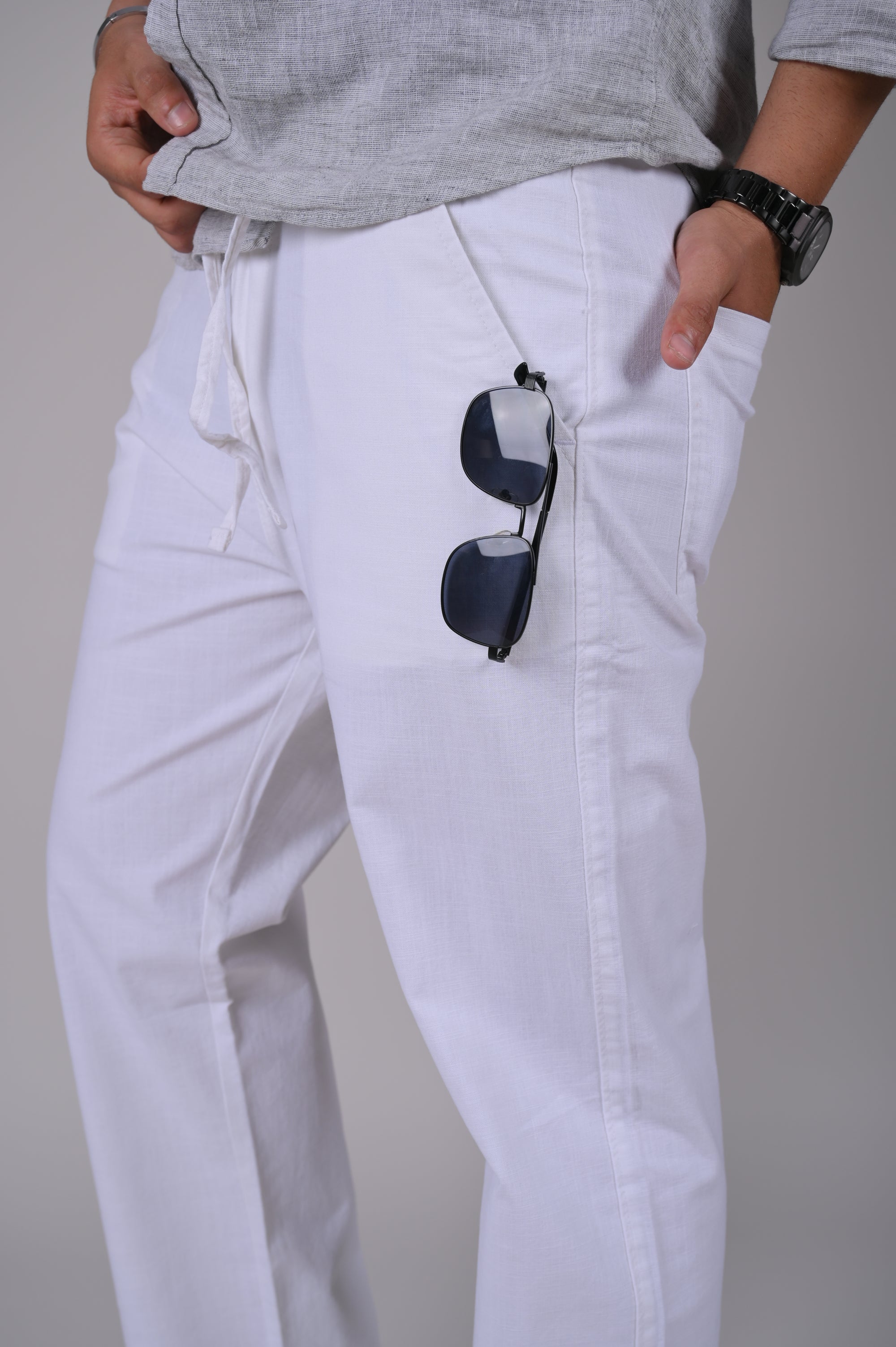 White Drawstring Relaxed Fit Pants
