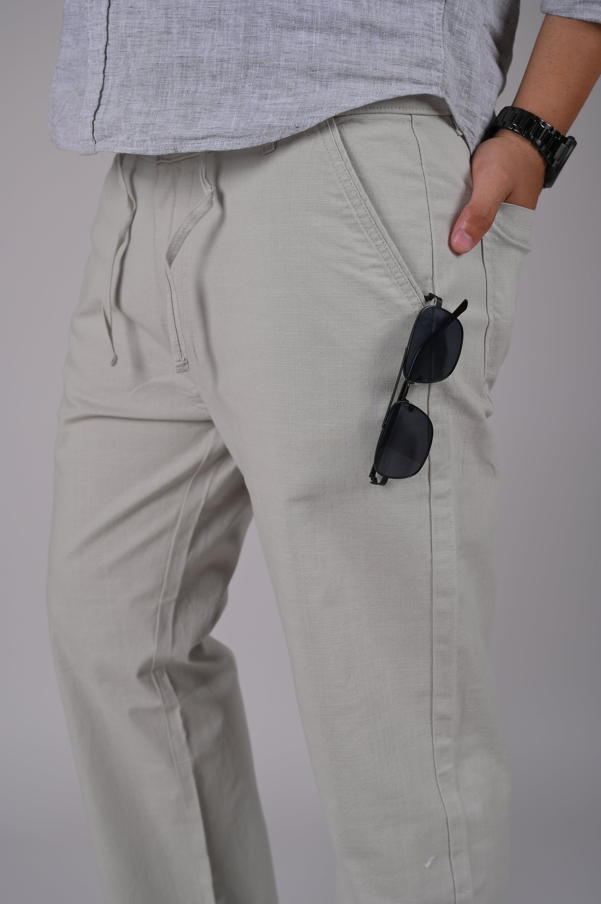Cream Drawstring Relaxed Fit Pants