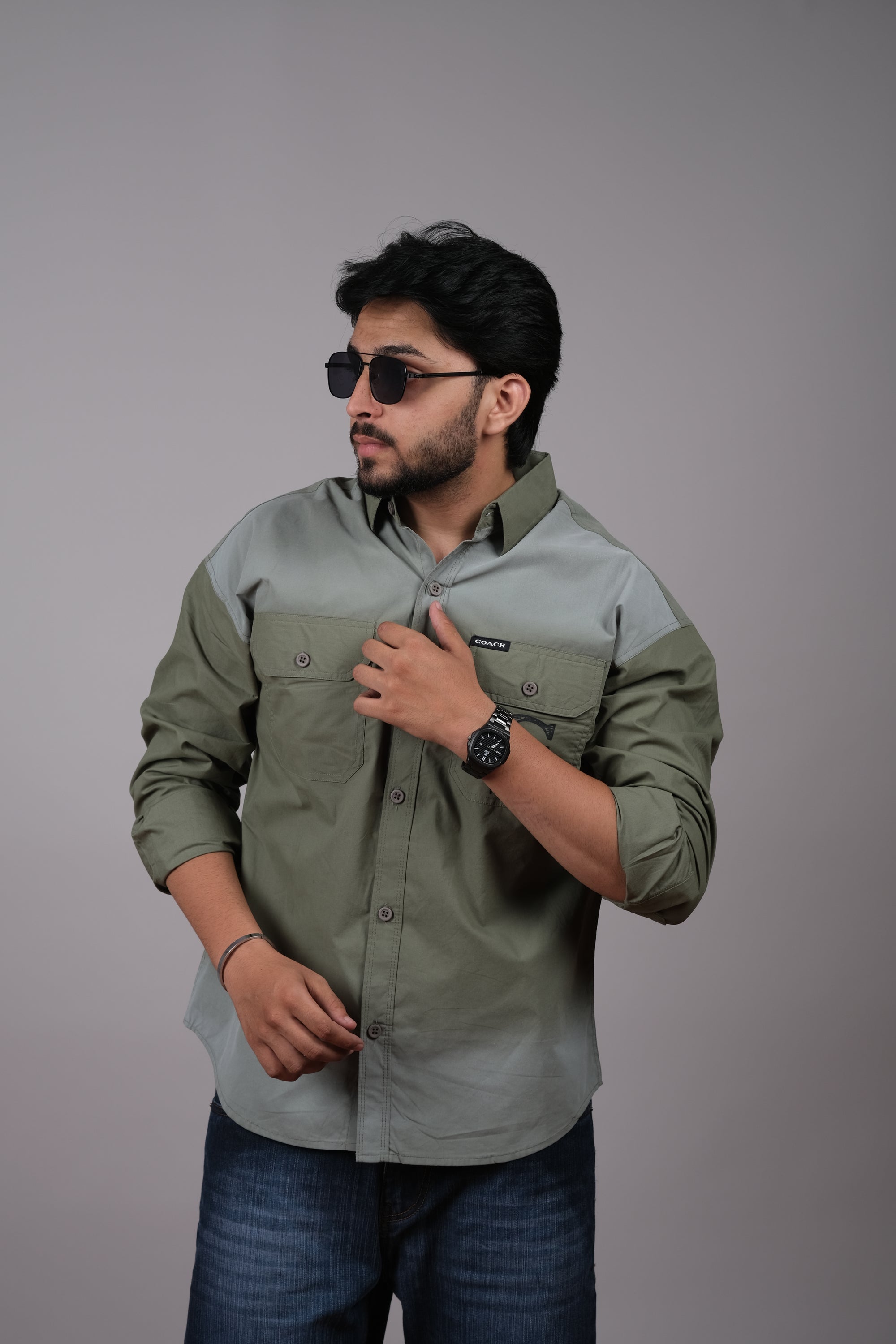 Stylish Olive Green Colorblock Shirt for Men