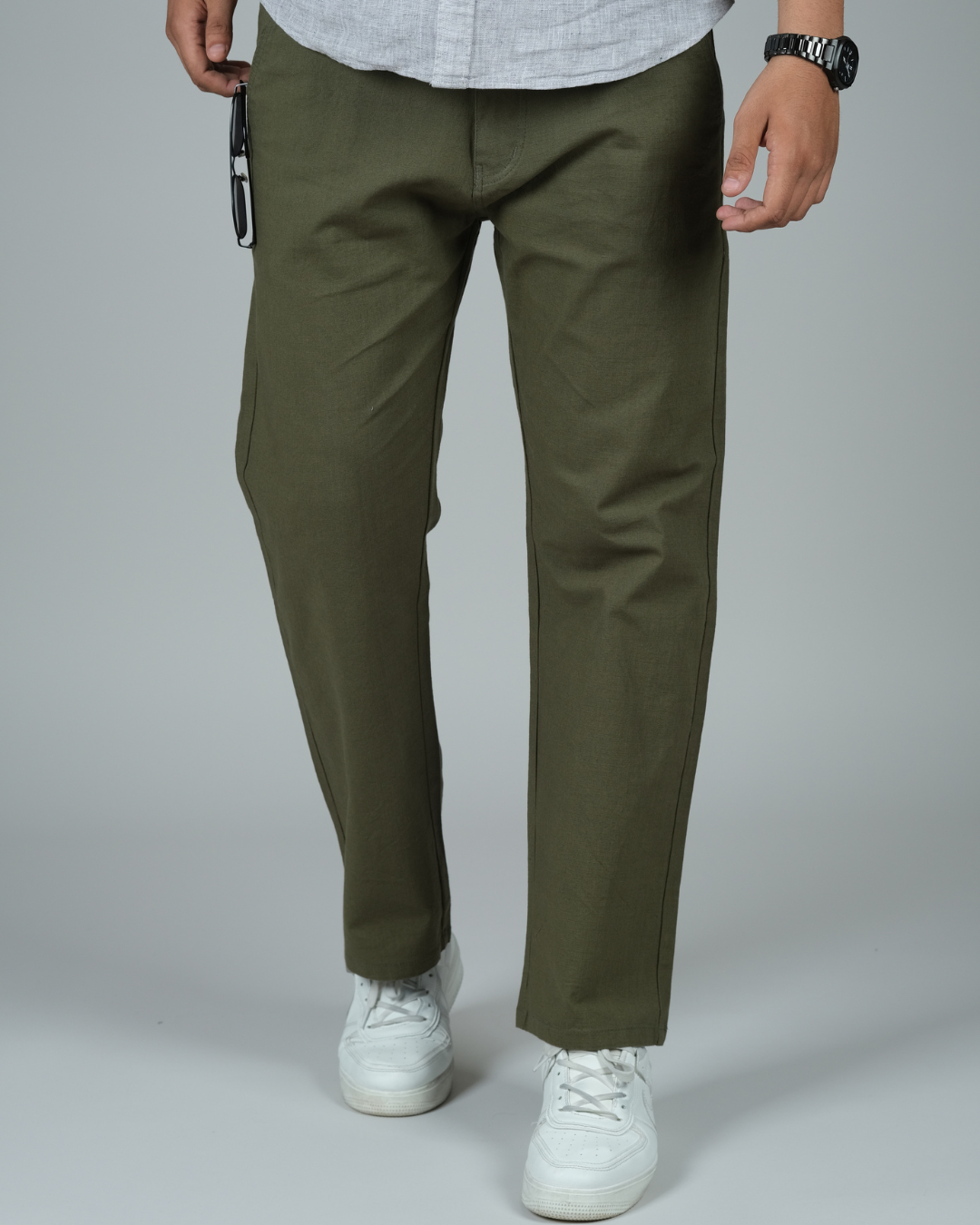 Classic Dark Green Casual Linen Pants