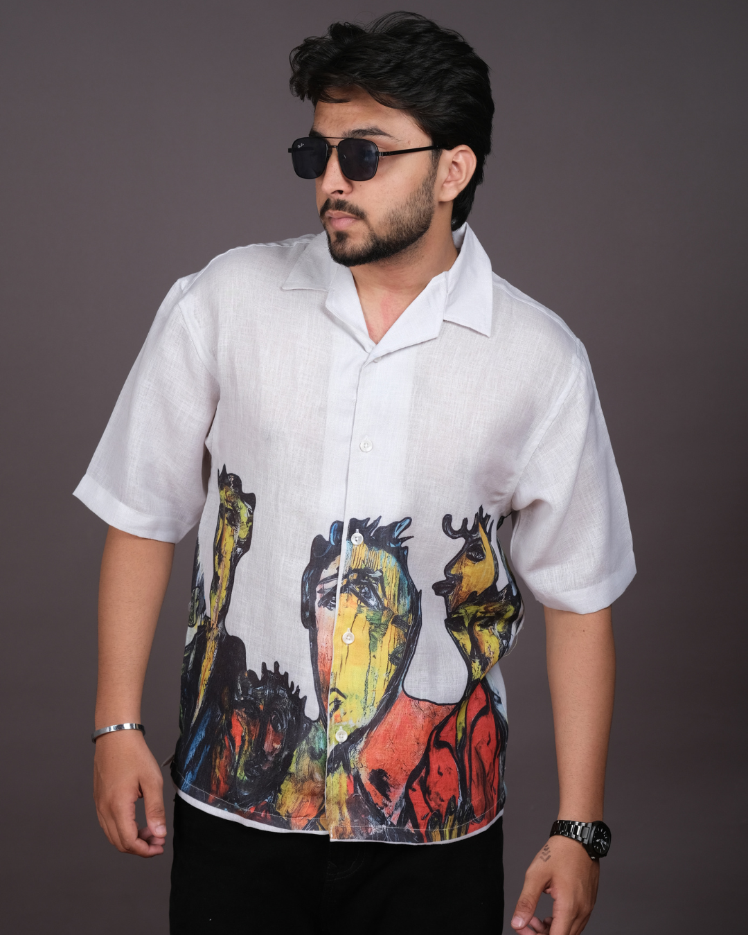 Men's Artistic Abstract Print White Linen Blend Shirt