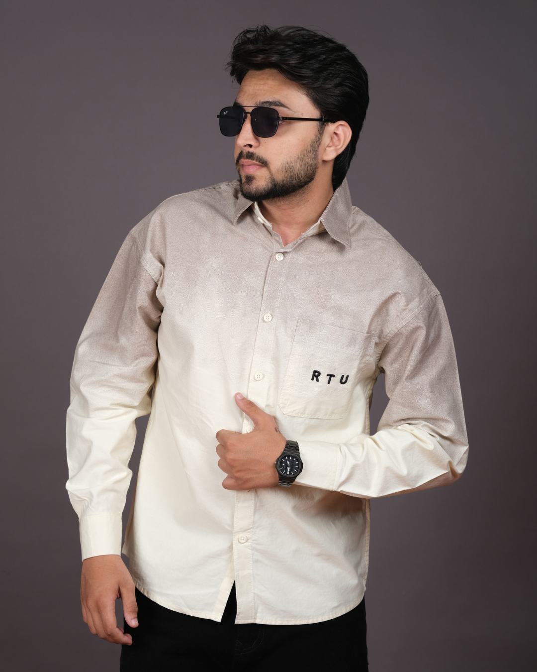 Men’s Beige & Cream Ombre Long Sleeve Shirt