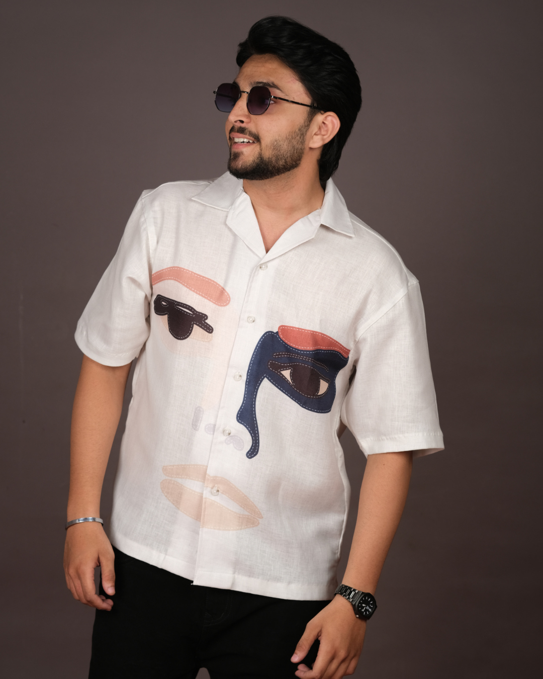 Men's Face Art White Linen Blend Shirt