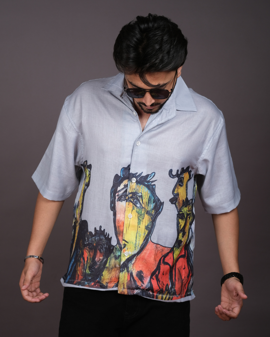 Men's Artistic Abstract Print Light Grey Linen Blend Shirt