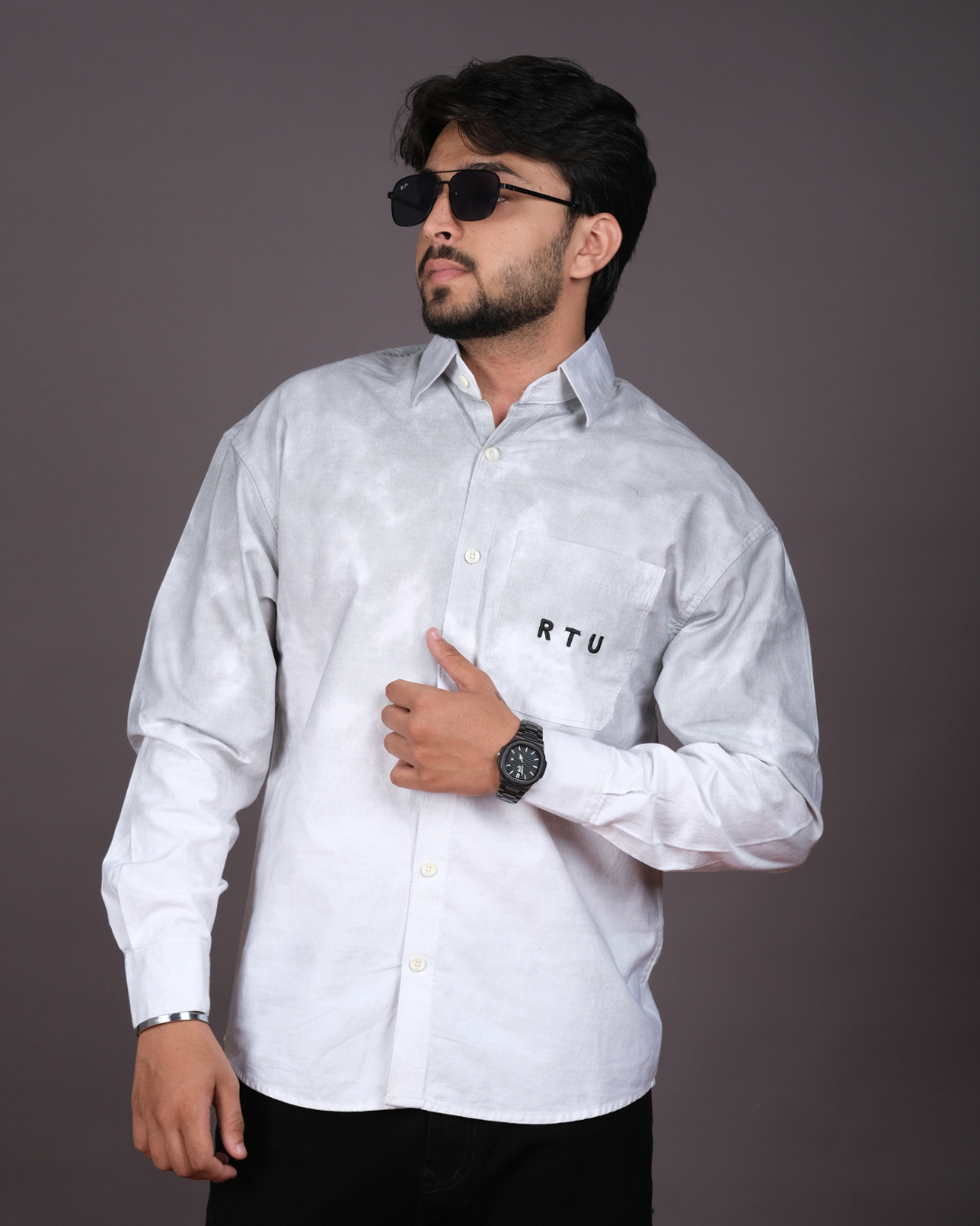 Men’s White & Grey Tie‑Dye Ombre Long Sleeve Shirt